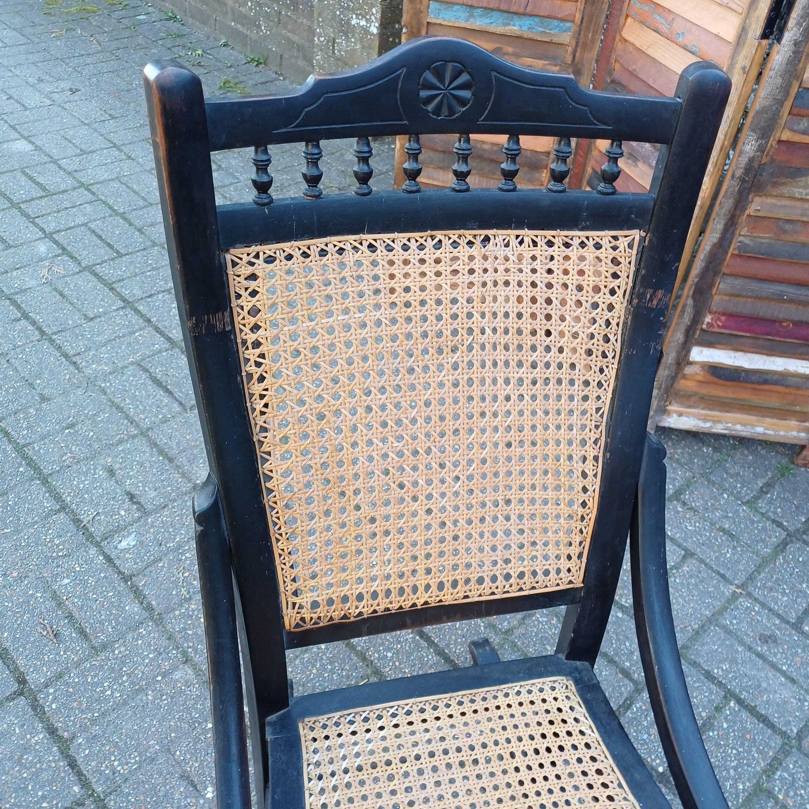 Ebonised New Cane And Wood Rocking Chair Vintage Country Farmhouse Style photo vinterior