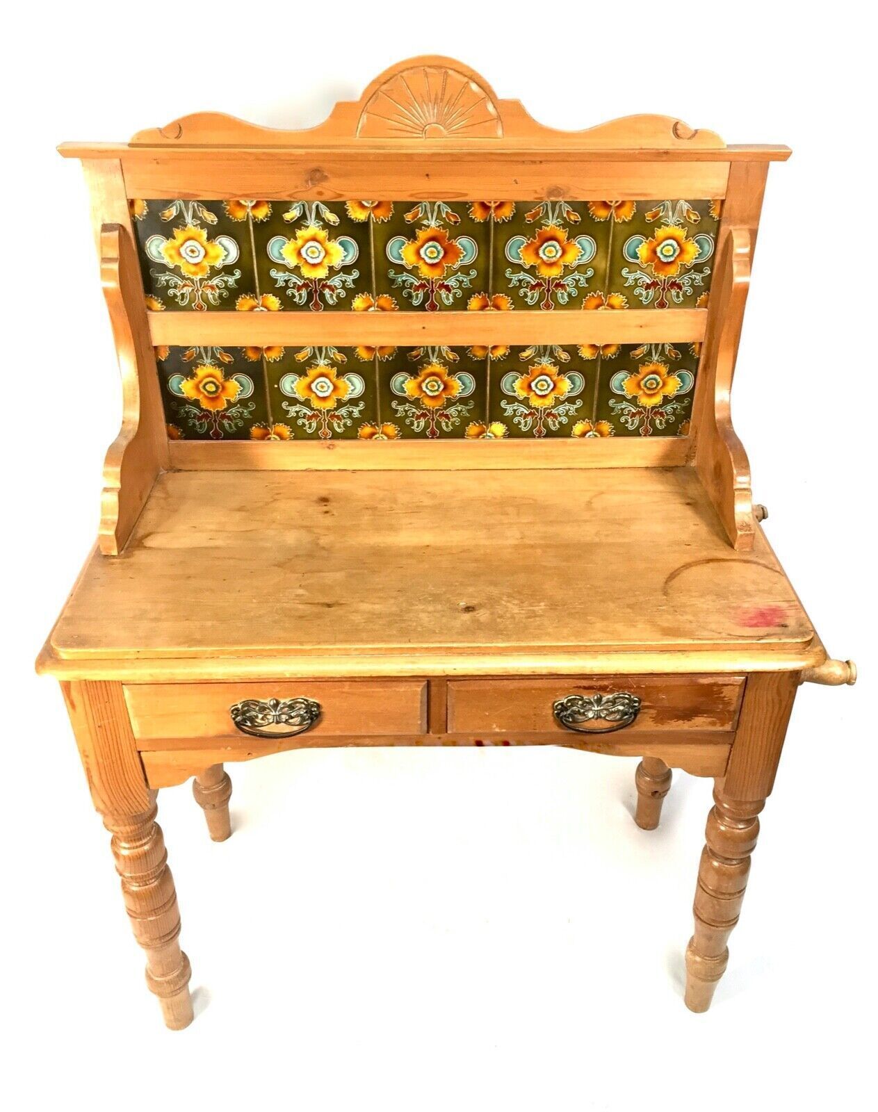 Antique Victorian Pine Wash Stand Table With Art Nouveau Ceramic Tiles C.1890 photo furniture