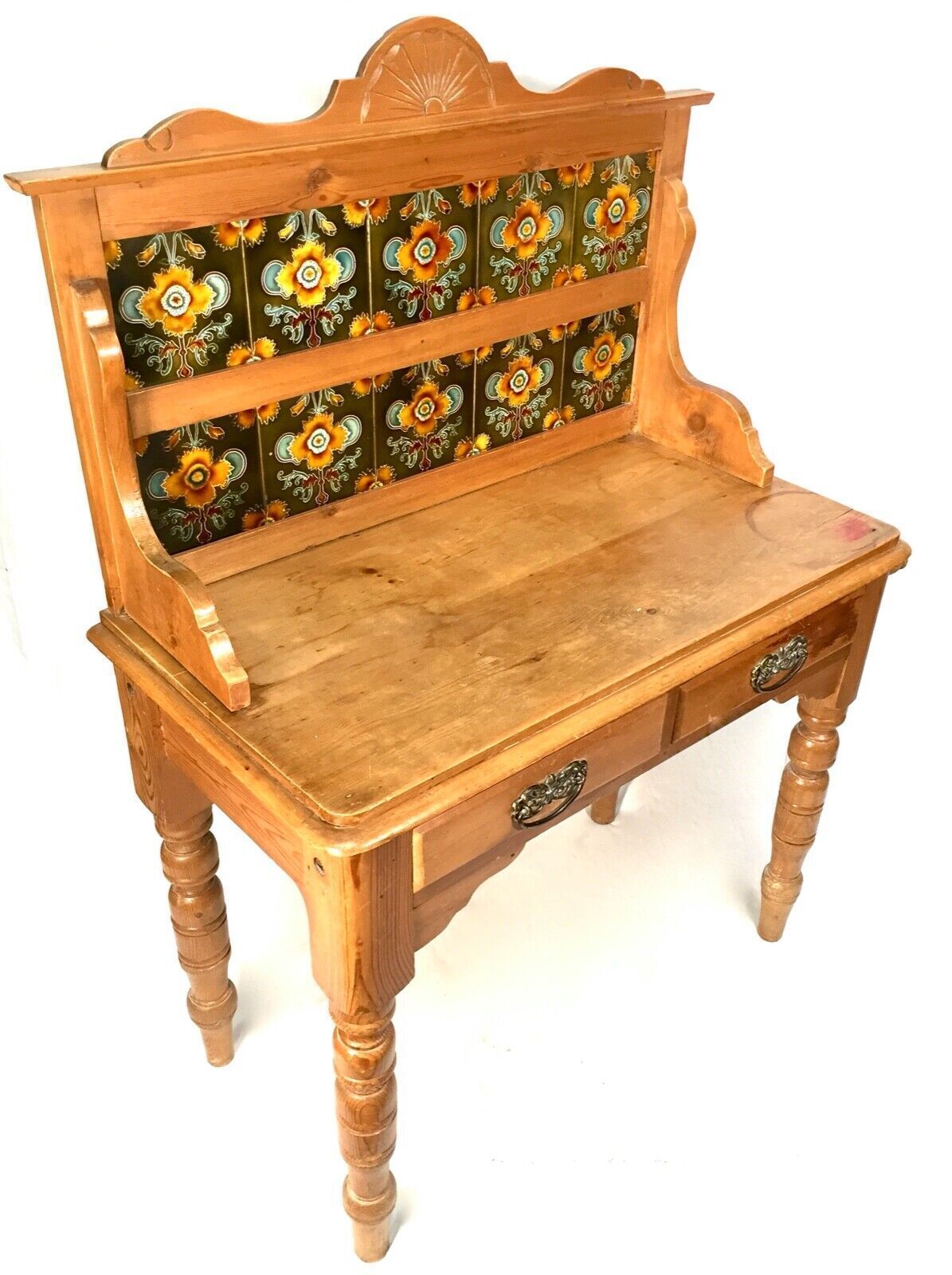 Antique Victorian Pine Wash Stand Table With Art Nouveau Ceramic Tiles C.1890 photo 395.0