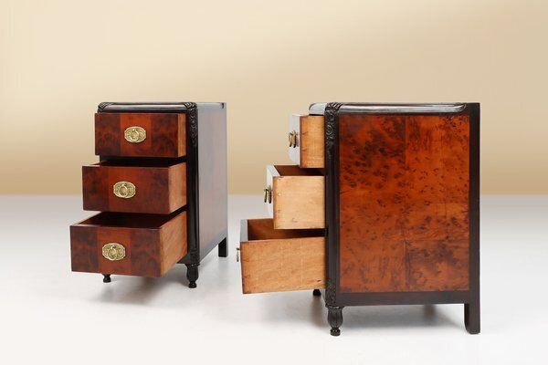 Art Deco Nightstands In Burl Veneer, Oak And Copper, France, 1910s, Set Of 2 photo buy