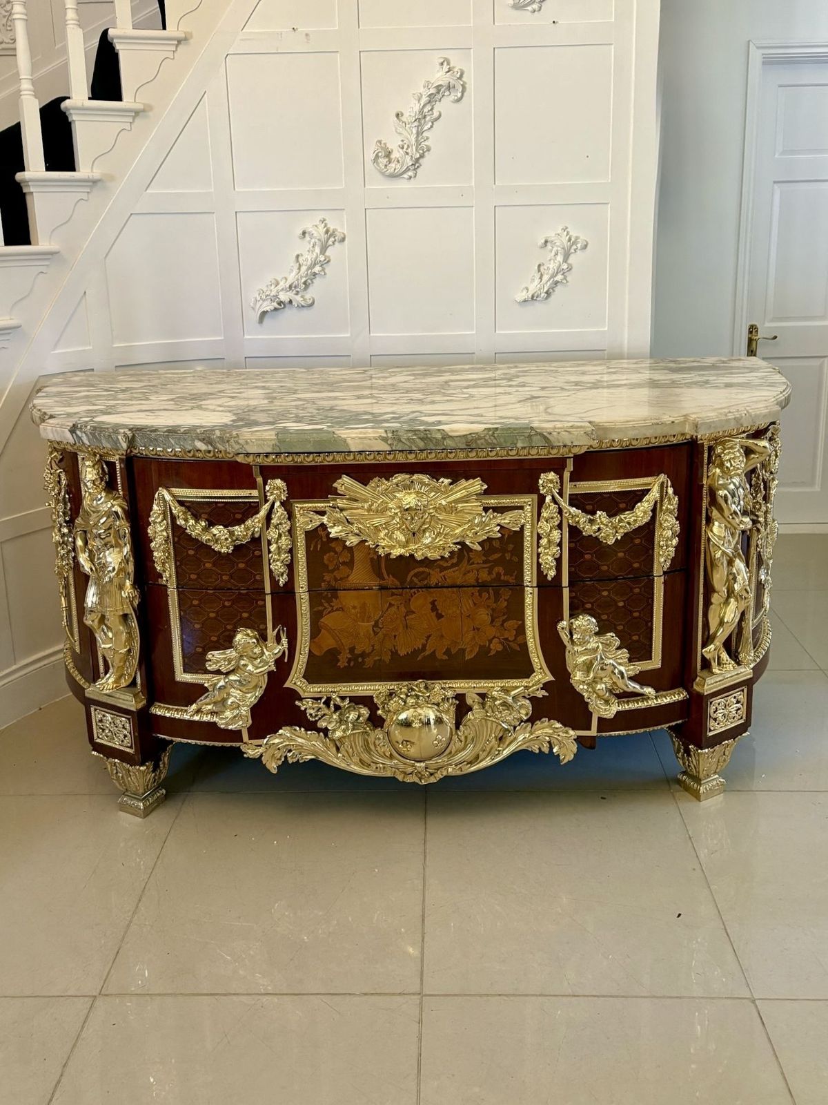 Antique Rare Fine Pair Of French Marquetry And Gilt Bronze Mounted Commodes In The Louis XVI Style, After Jean Henri Riesener photo buy