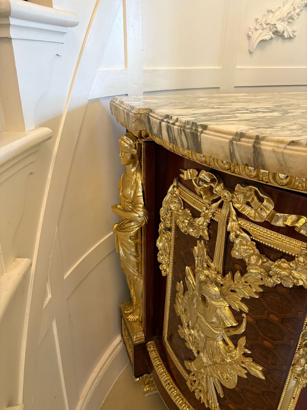 photo furniture Antique Rare Fine Pair Of French Marquetry And Gilt Bronze Mounted Commodes In The Louis XVI Style, After Jean Henri Riesener