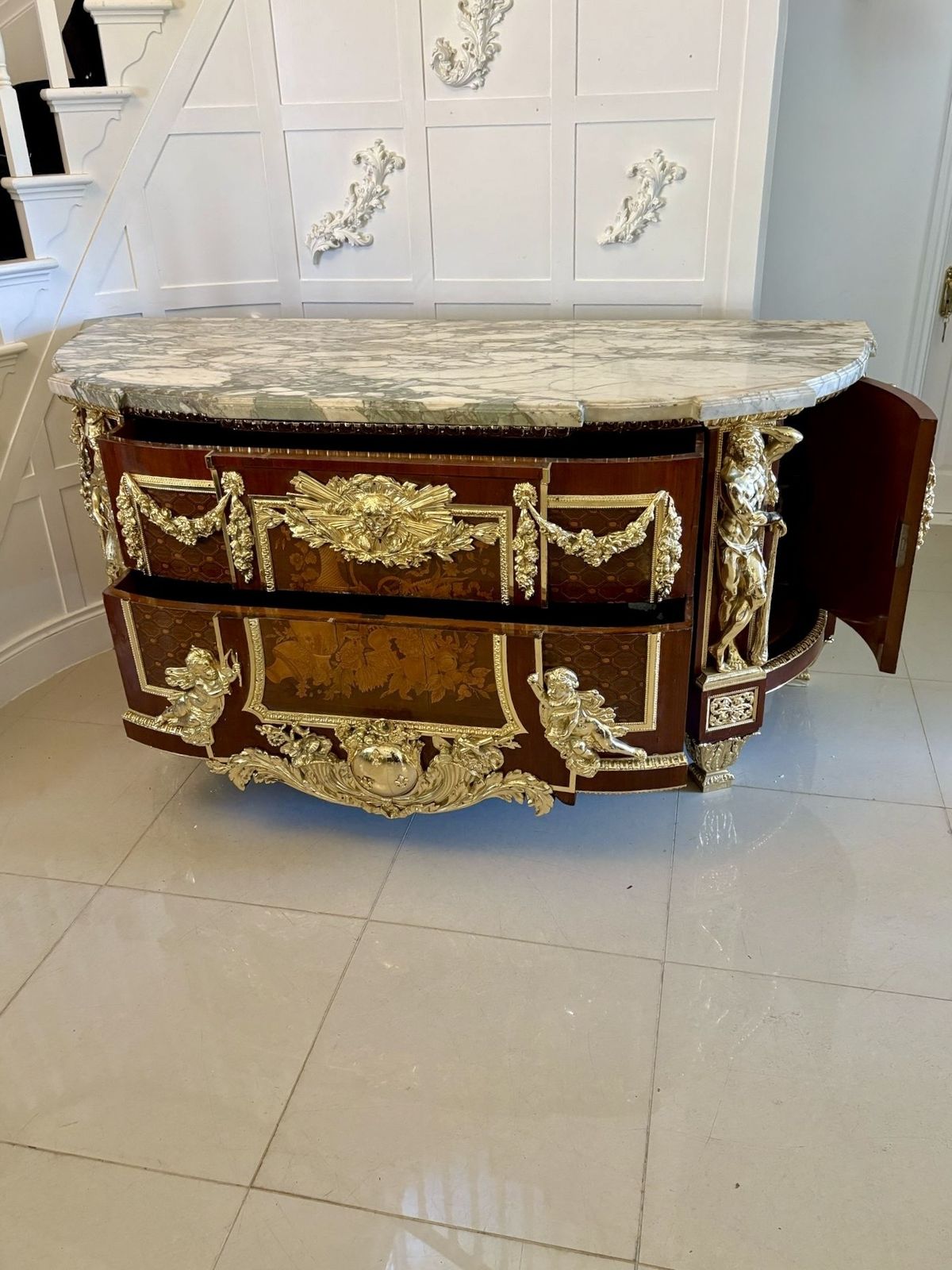 photo buy Antique Rare Fine Pair Of French Marquetry And Gilt Bronze Mounted Commodes In The Louis XVI Style, After Jean Henri Riesener