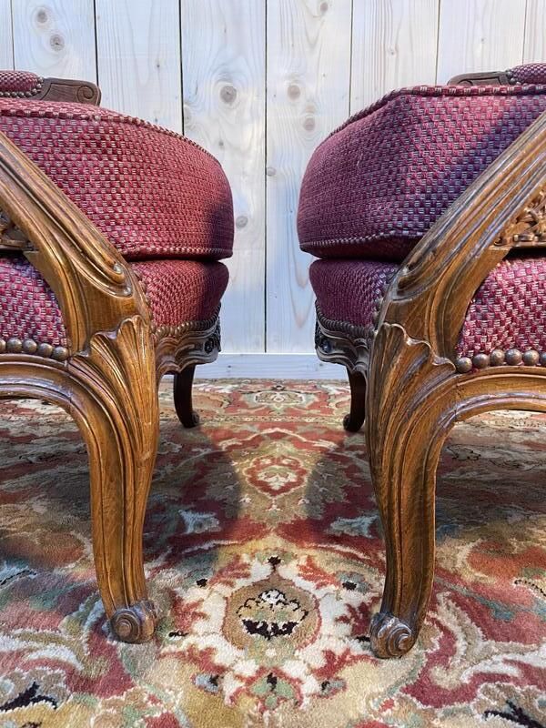 Paire De Fauteuils   Bergères De Style Louis XV En Cannage photo for sale