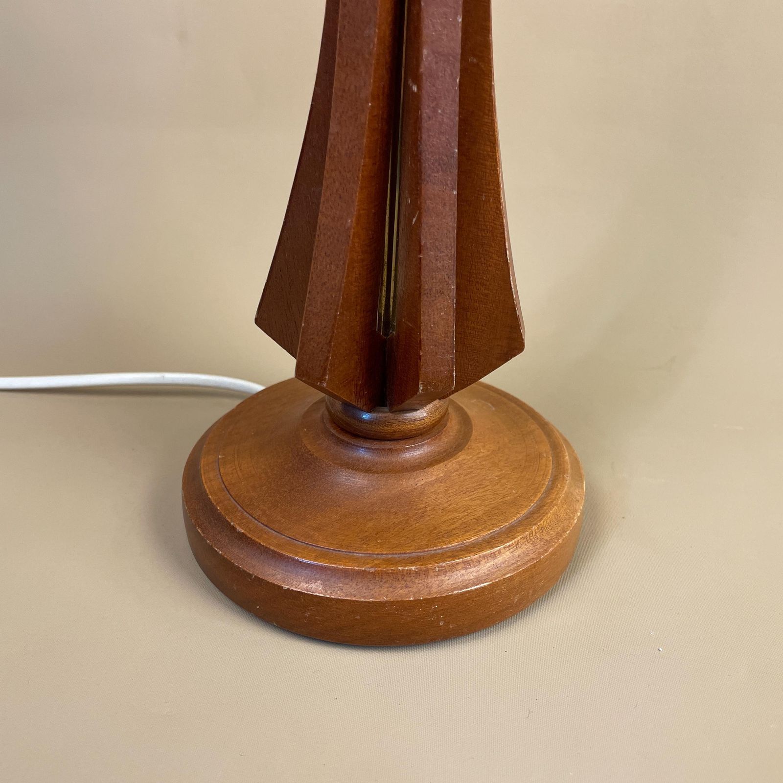 Vintage Wooden Table Lamp Side Light Brown Wood Round Base Retro Bedside Desk Hand Carved Farmhouse Cottage Decor Column photo for sale
