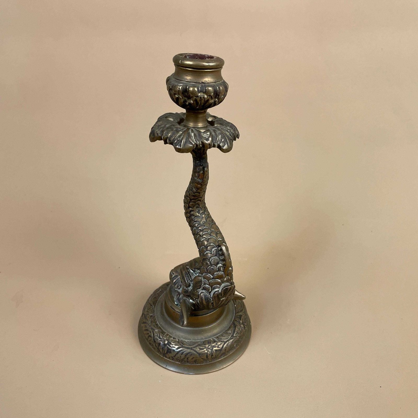 Antique Brass Gold Metal Fish Candlestick Table Candle Stick Detailed Dinner Round Base Vintage photo buy