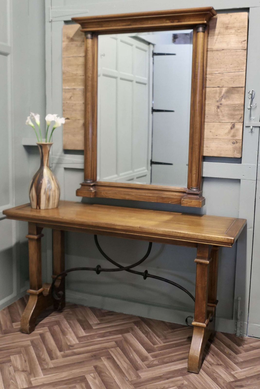 Golden Oak Arts And Crafts Console And Mirror photo for sale