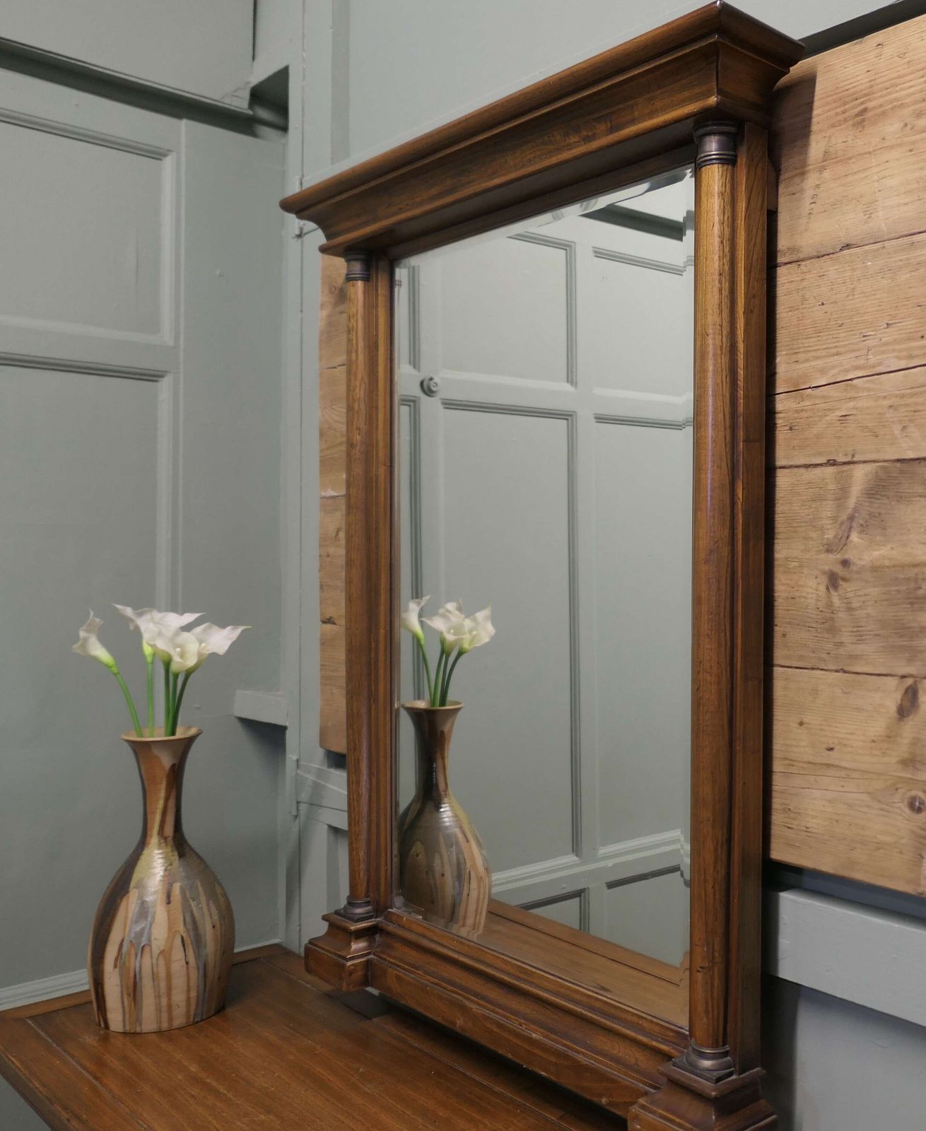 Golden Oak Arts And Crafts Console And Mirror photo vintage