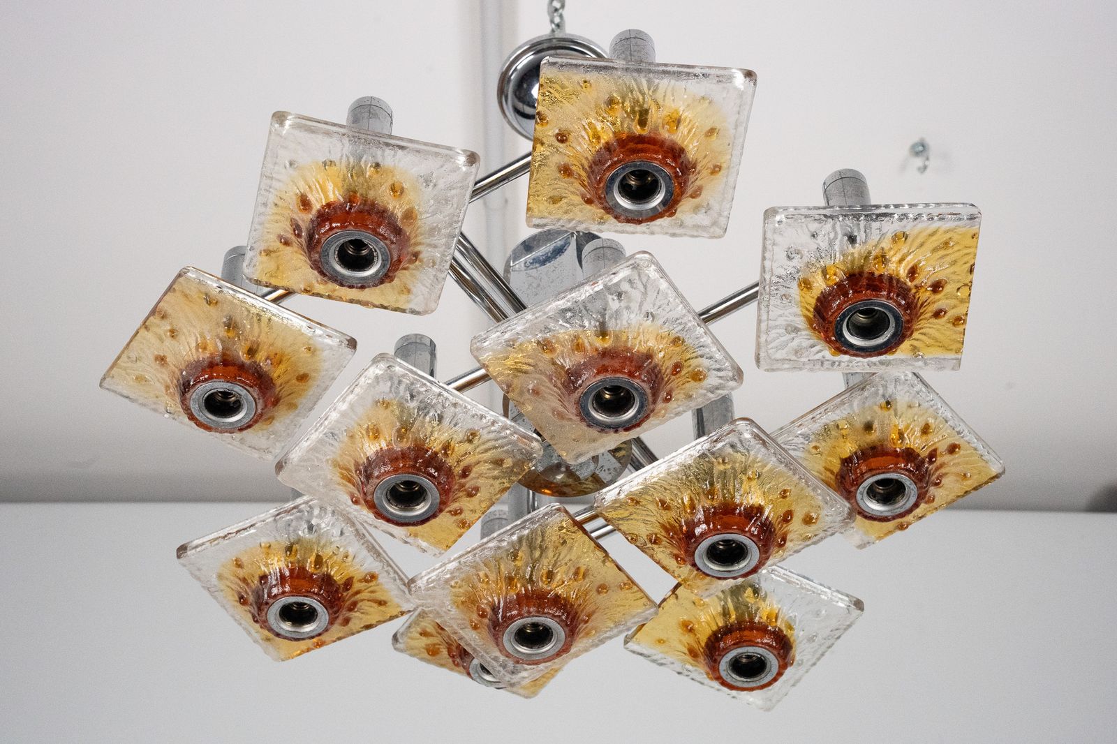 12 Light Mazzega Chandelier In Amber And Clear Murano Glass And Chrome. Italy 1970s photo furniture