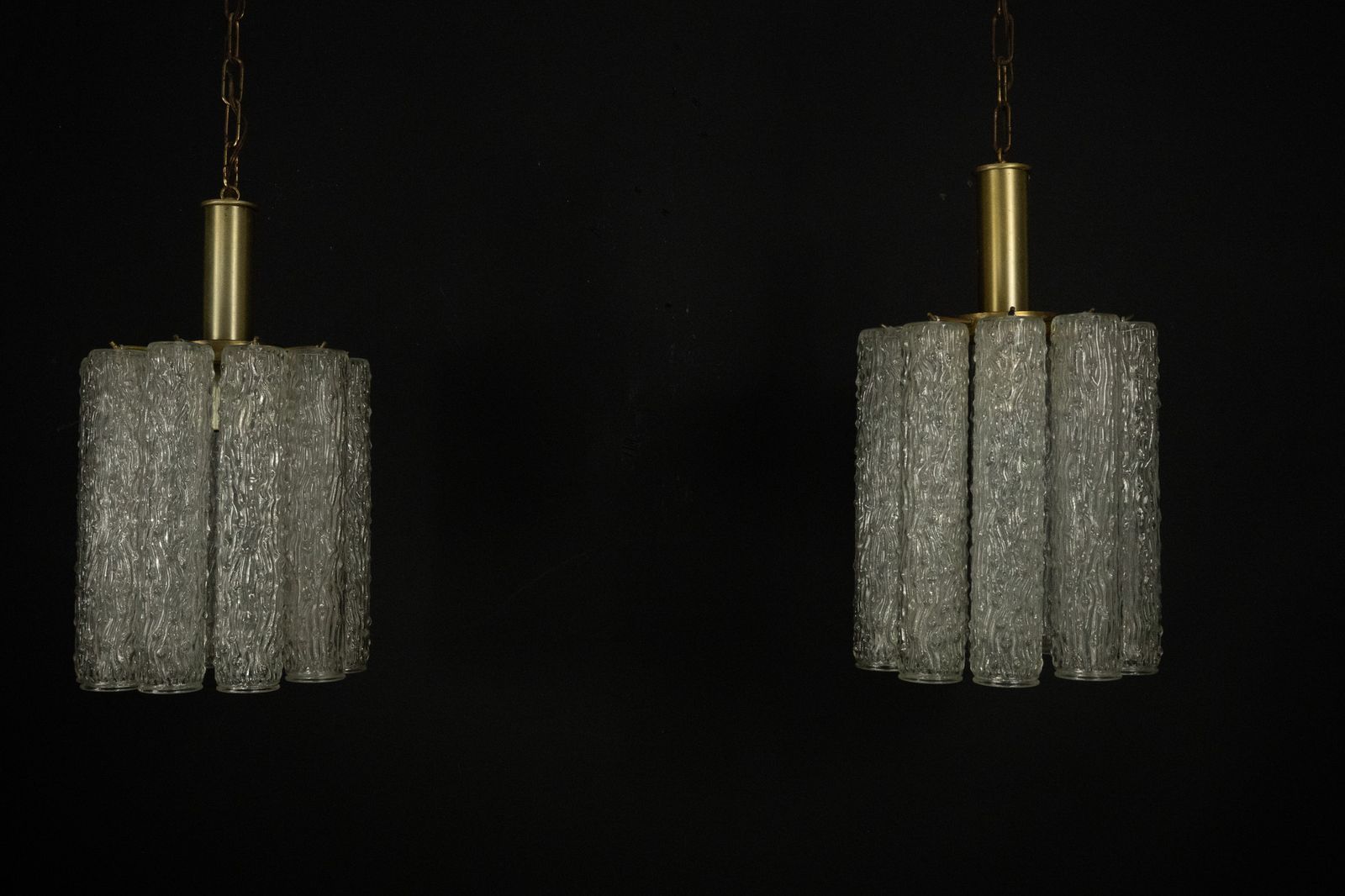 photo for sale Pair Of Murano Glass And Brass Chandeliers In The Style Of Toni Zuccheri. Italy 1970s
