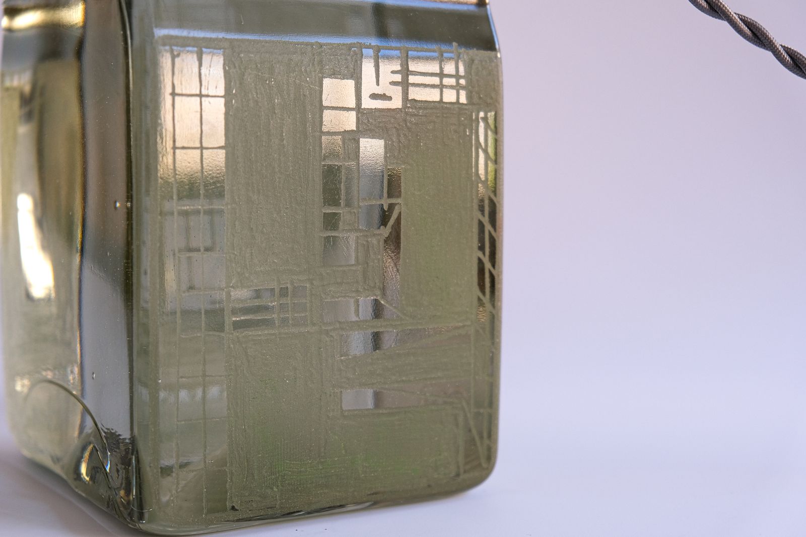 Lighting Rare French Signed & Dated Cubist Glass Table Lamp By Anatole Riecke, 1950 photo