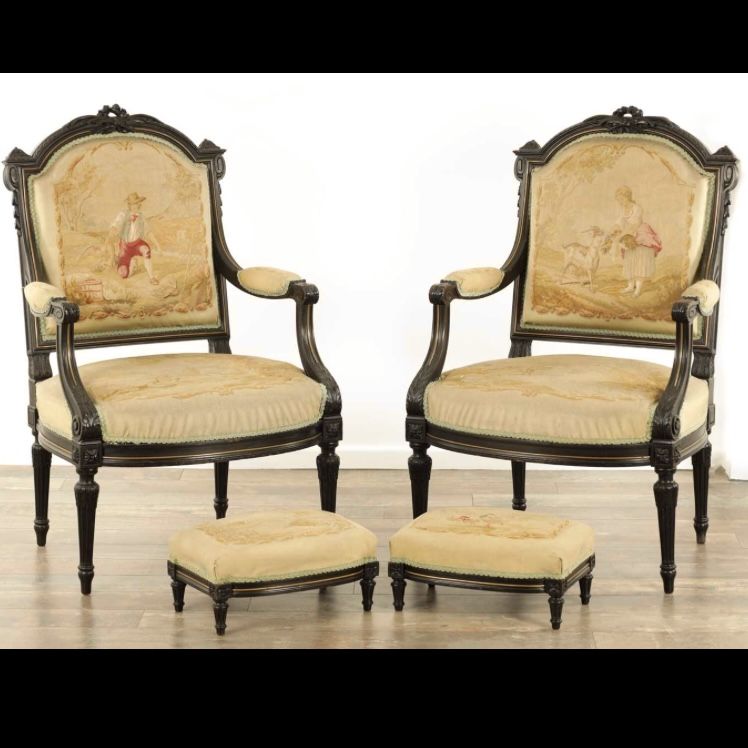 Fine Pair Of 19th Century French Ebonised Armchairs And Footstools photo furniture
