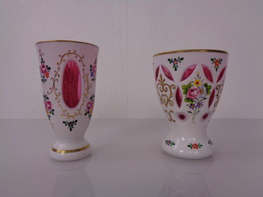 Czechoslovakian Hand Painted Bohemian Glass Vases, 1890s, Set Of 2 photo furniture