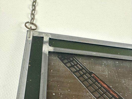 German Hand Painted Stained Glass Hanging Window Panel With Narrenmühle, 20th Century photo Art