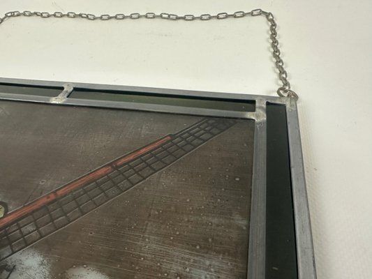 German Hand Painted Stained Glass Hanging Window Panel With Narrenmühle, 20th Century photo vinterior