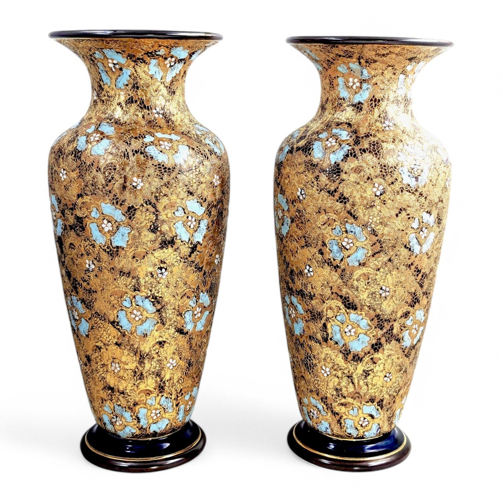 Royal Doulton Lambeth Slater’s Patent Pair Vases, Enamel Floral, C. 1910, 40 Cm photo Home Decor