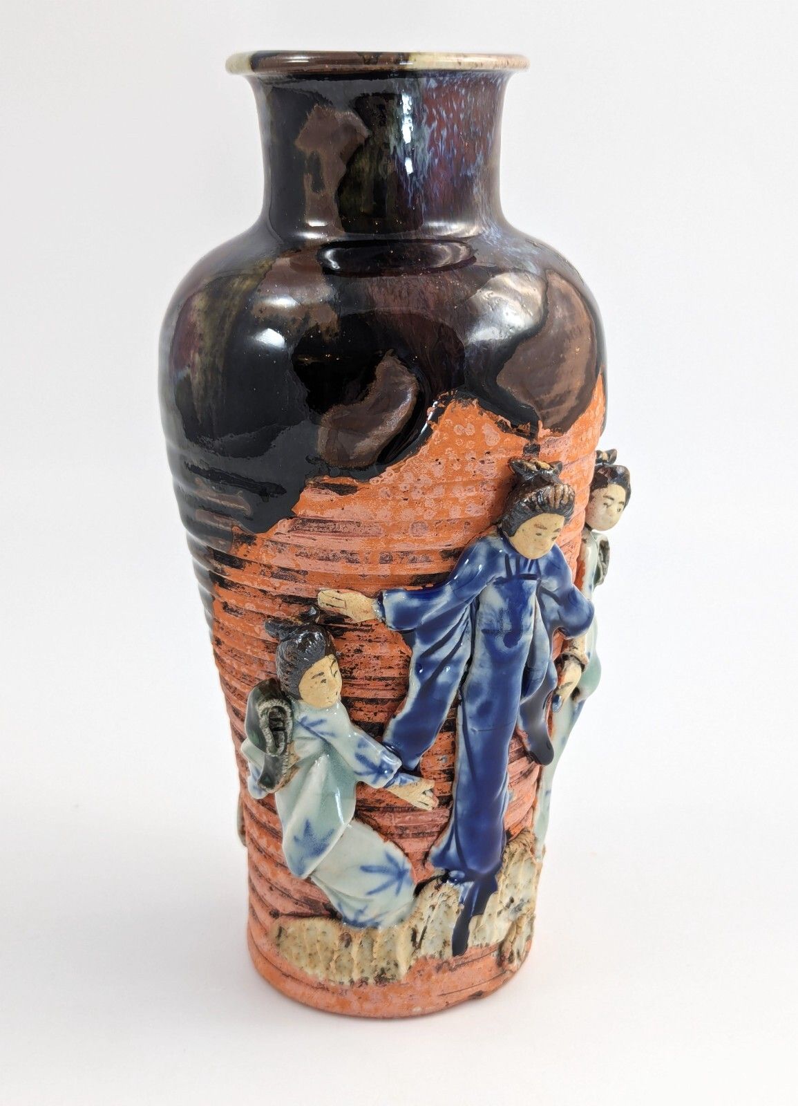 photo furniture Sumida Gawa Japanese Vase With Child Figure, Signed Hiroshi Oxblood Glaze C 1900
