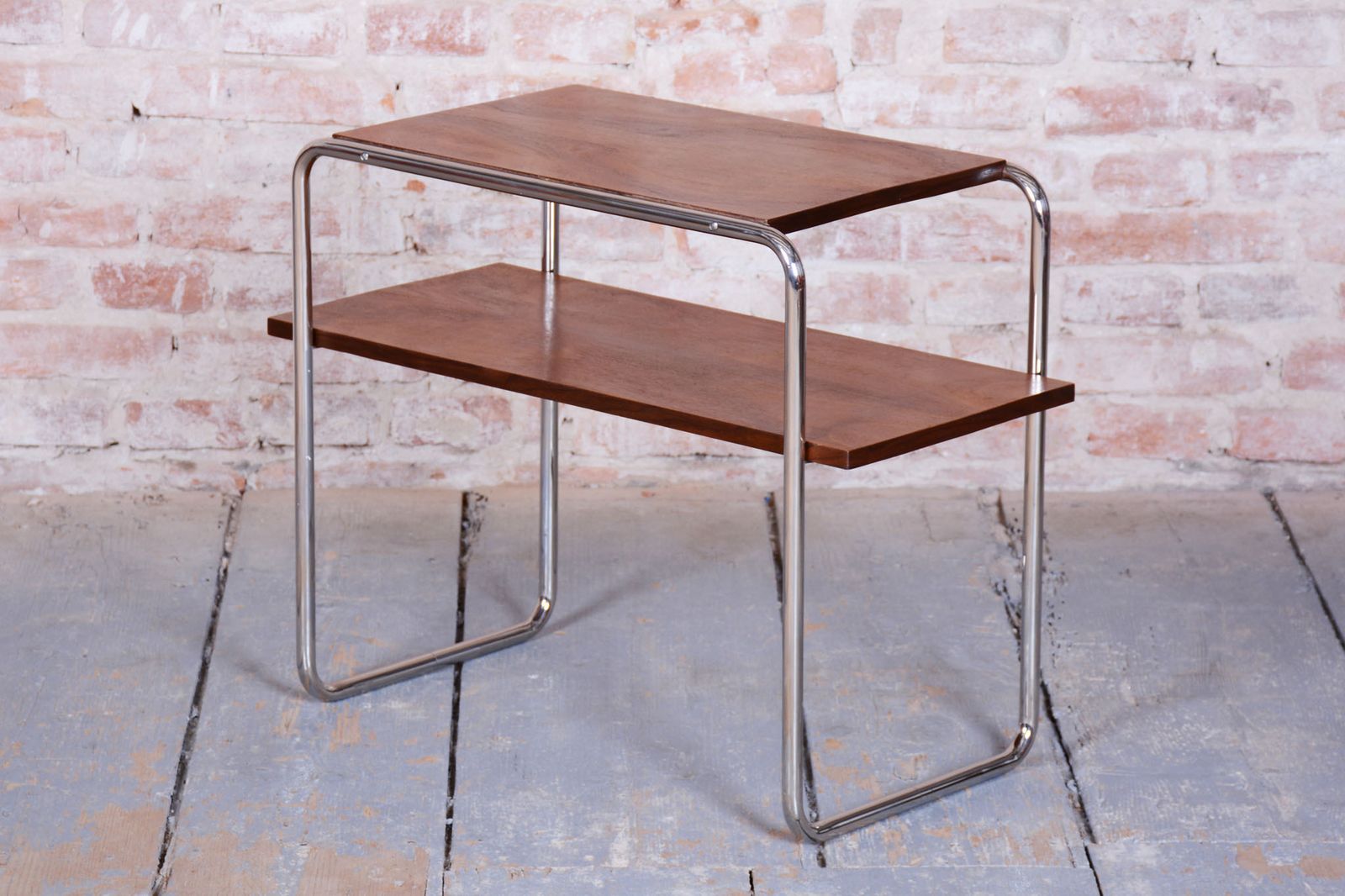 Restored Bauhaus Side Table, Walnut, Chrome Plated Steel, Polish, Czech, 1930s photo furniture