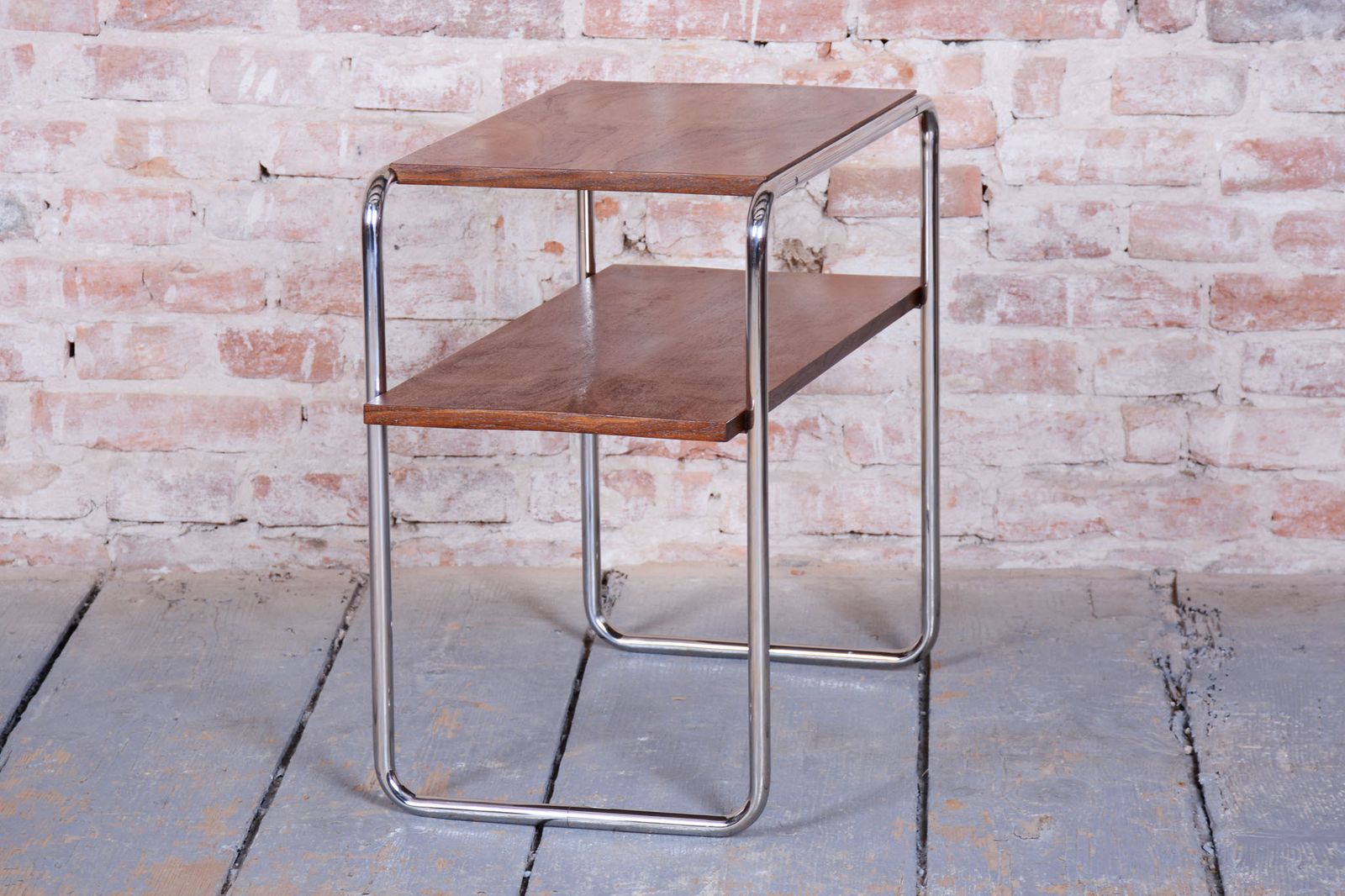 Restored Bauhaus Side Table, Walnut, Chrome Plated Steel, Polish, Czech, 1930s photo vinterior
