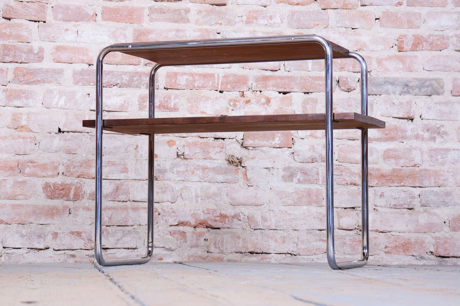 Restored Bauhaus Side Table, Walnut, Chrome Plated Steel, Polish, Czech, 1930s photo vintage