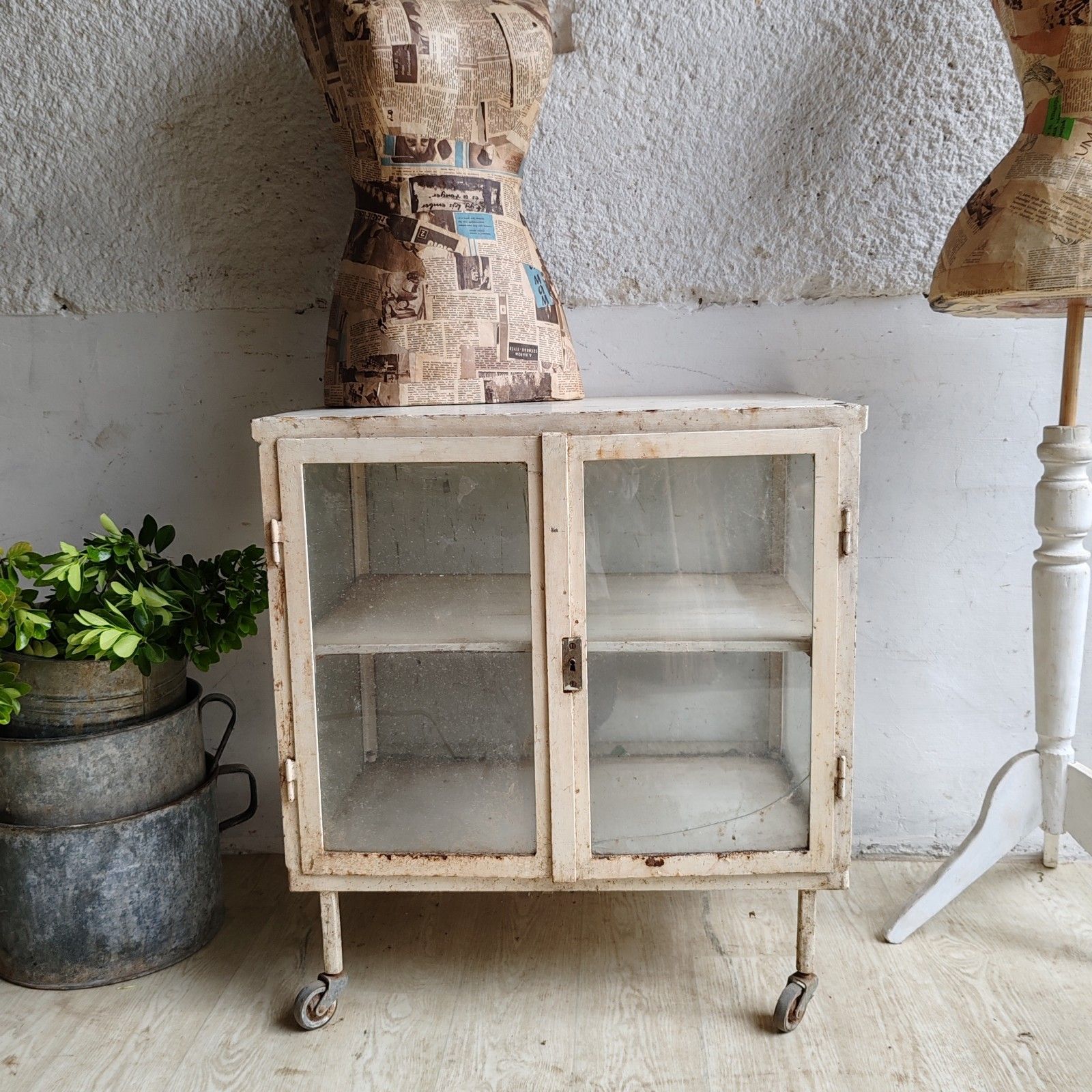 1920s Central European Medical Cabinet – Metal & Glass, Strong Casters, Rare