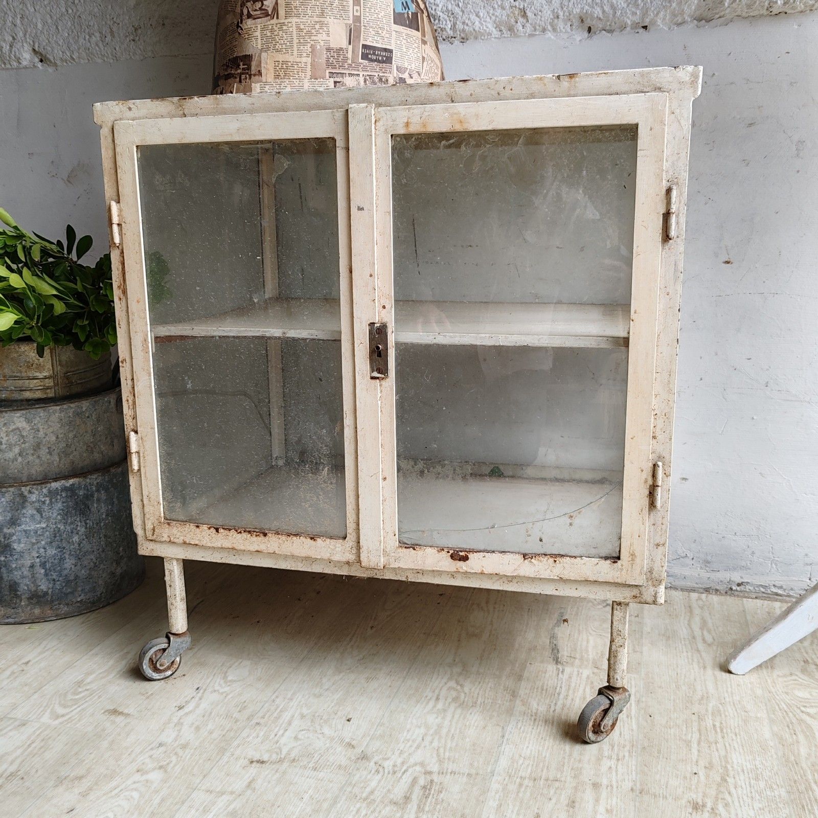 1920s Central European Medical Cabinet – Metal & Glass, Strong Casters, Rare photo for sale