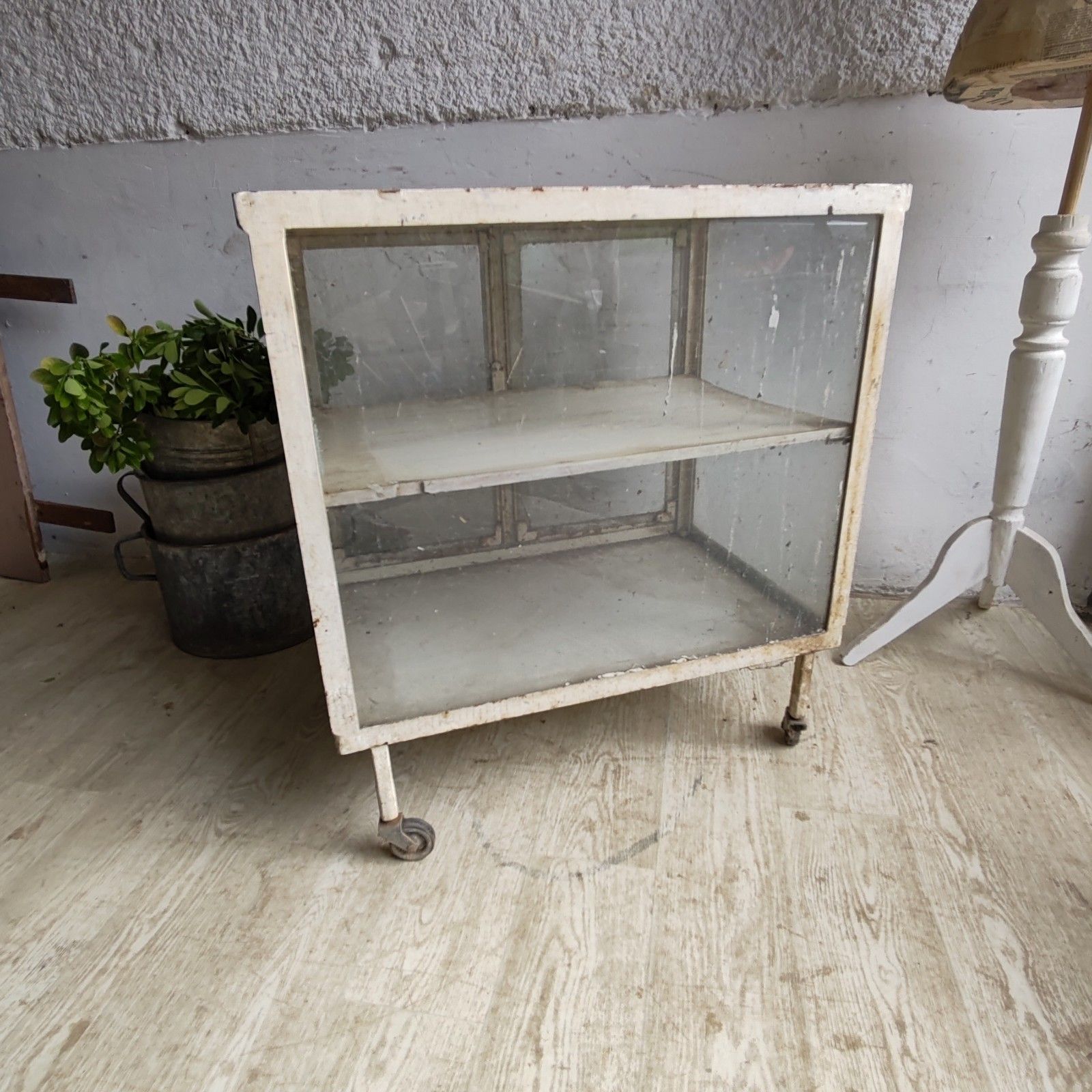 photo for sale 1920s Central European Medical Cabinet – Metal & Glass, Strong Casters, Rare