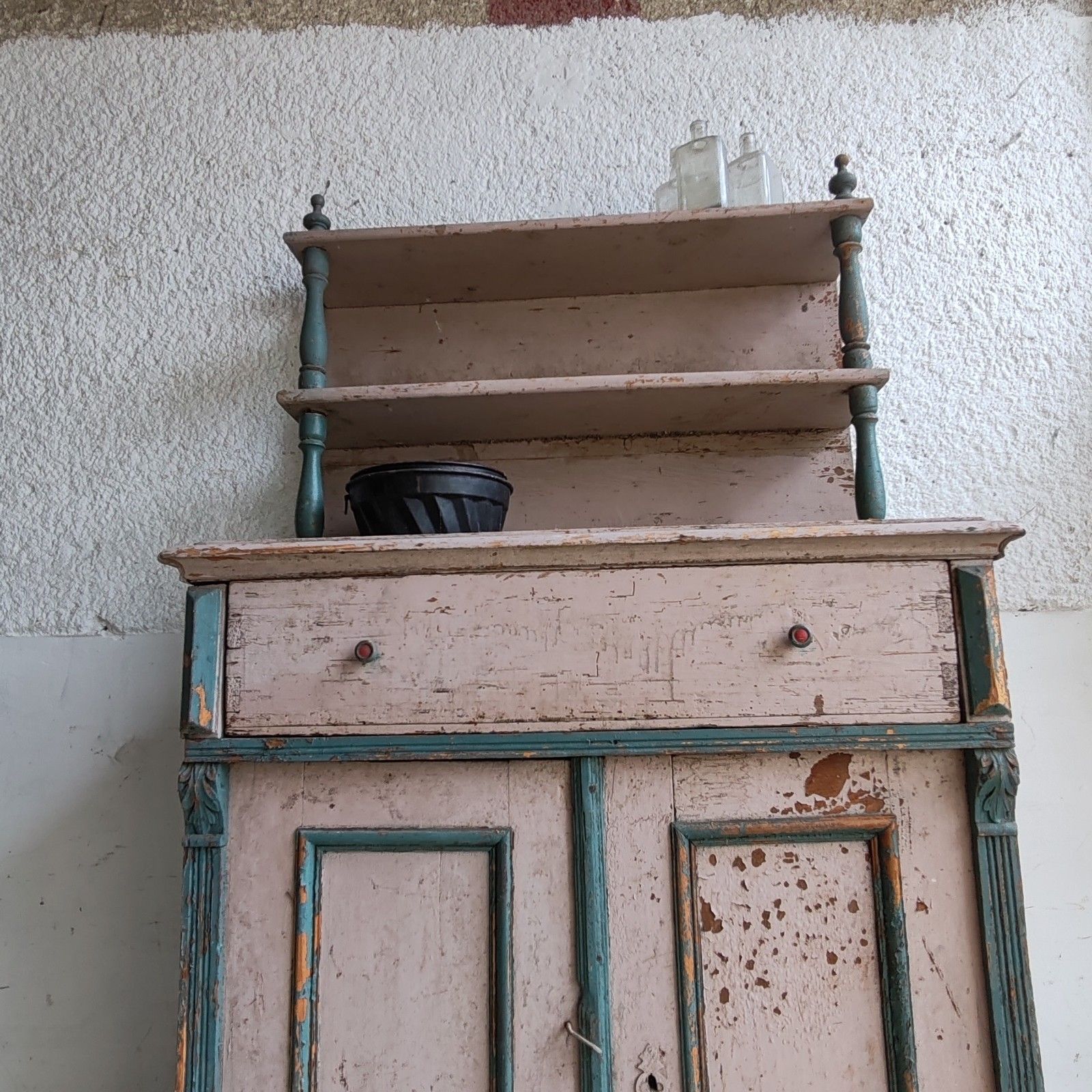 Unique C1890 French Handmade Dresser – Ornate Carvings, Rustic Pink & Blue photo for sale