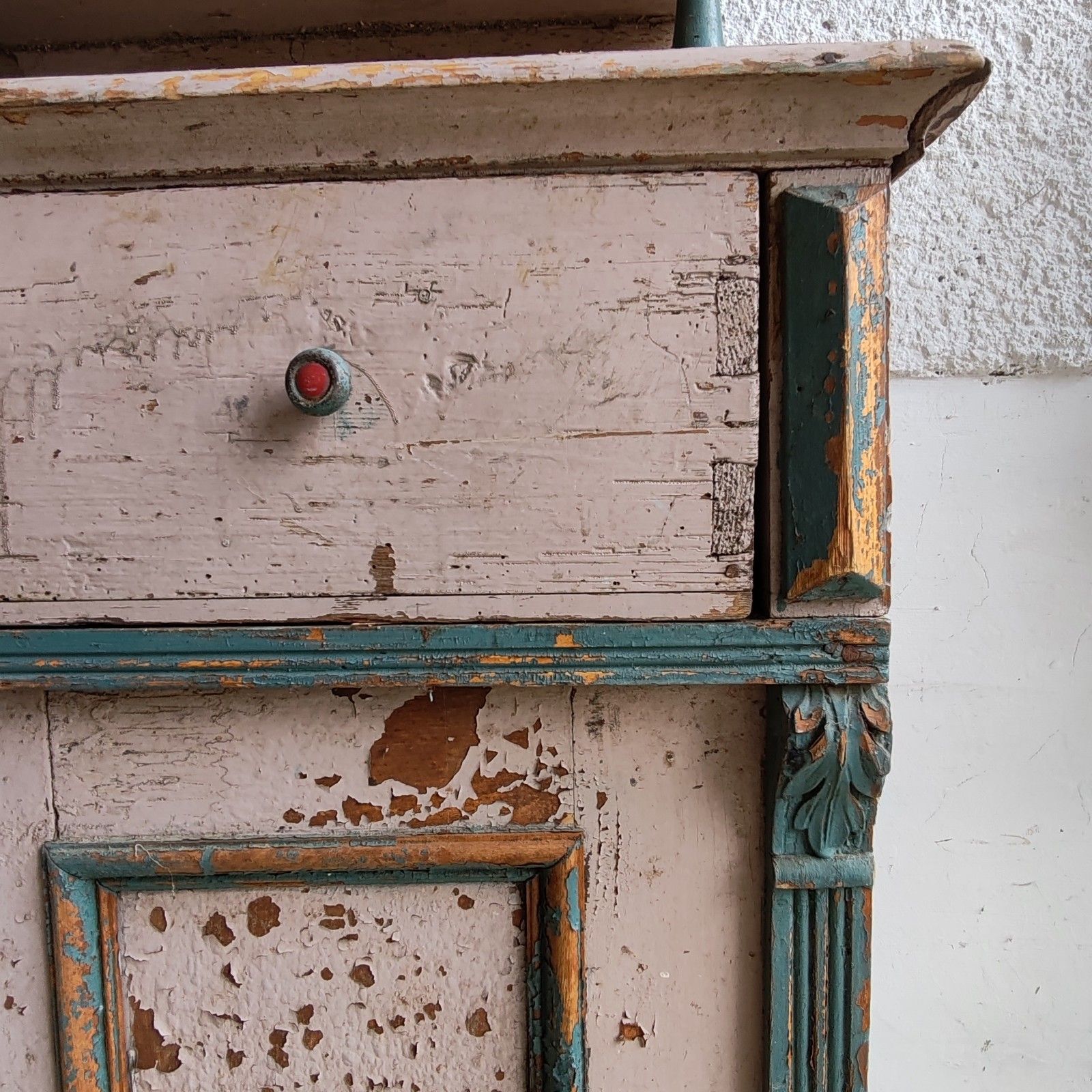 Unique C1890 French Handmade Dresser – Ornate Carvings, Rustic Pink & Blue photo 301.0