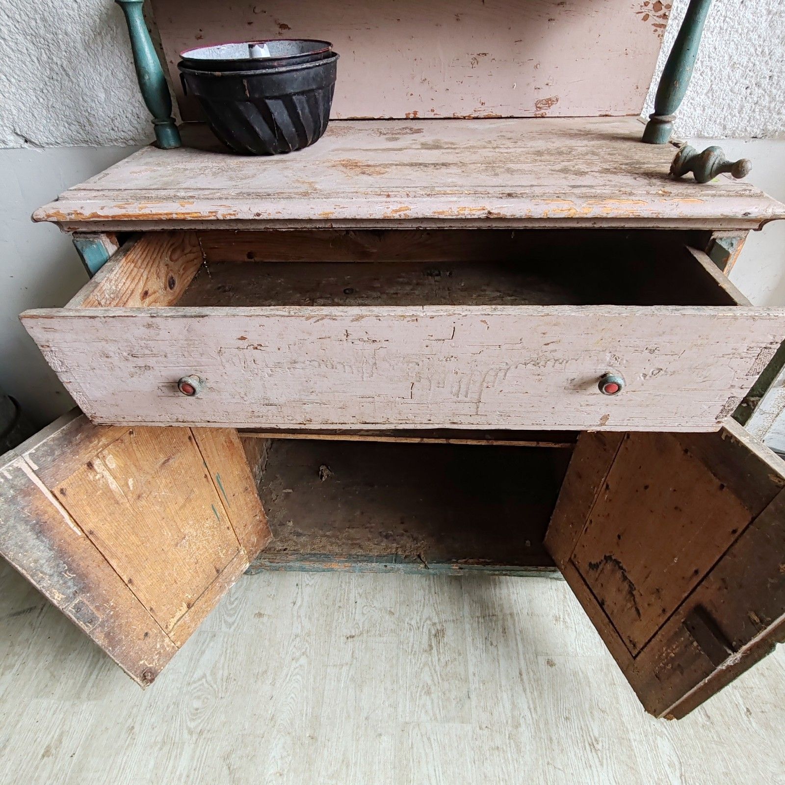 photo for sale Unique C1890 French Handmade Dresser – Ornate Carvings, Rustic Pink & Blue