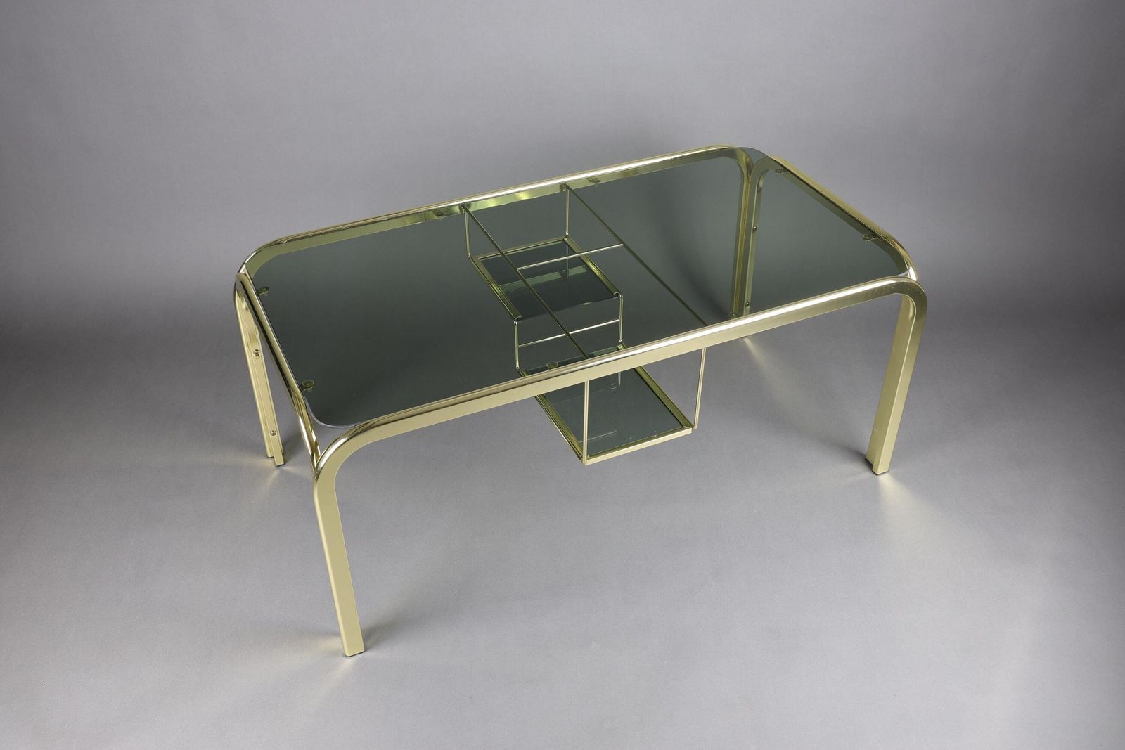Vintage 1970s Smoked Glass Coffee Table With Gold Accents | Glass Top Table For Living Room | Rectangular Coffee Table With Storage Shelf
