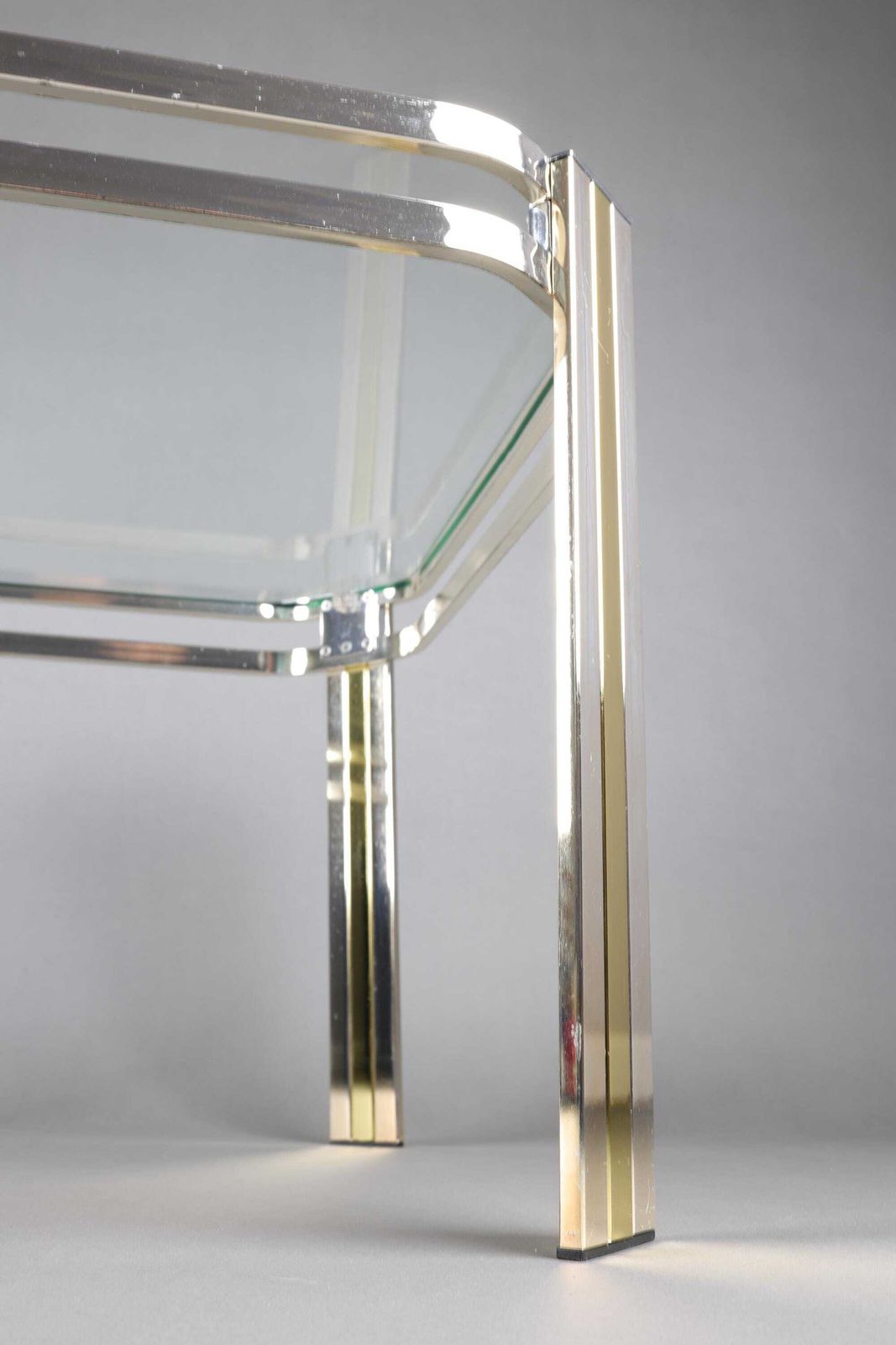 photo for sale Vintage Chrome And Glass Coffee Table With Gold Accents | Mid Century Modern Square Side Table | Hollywood Regency Glam Square Coffee Table