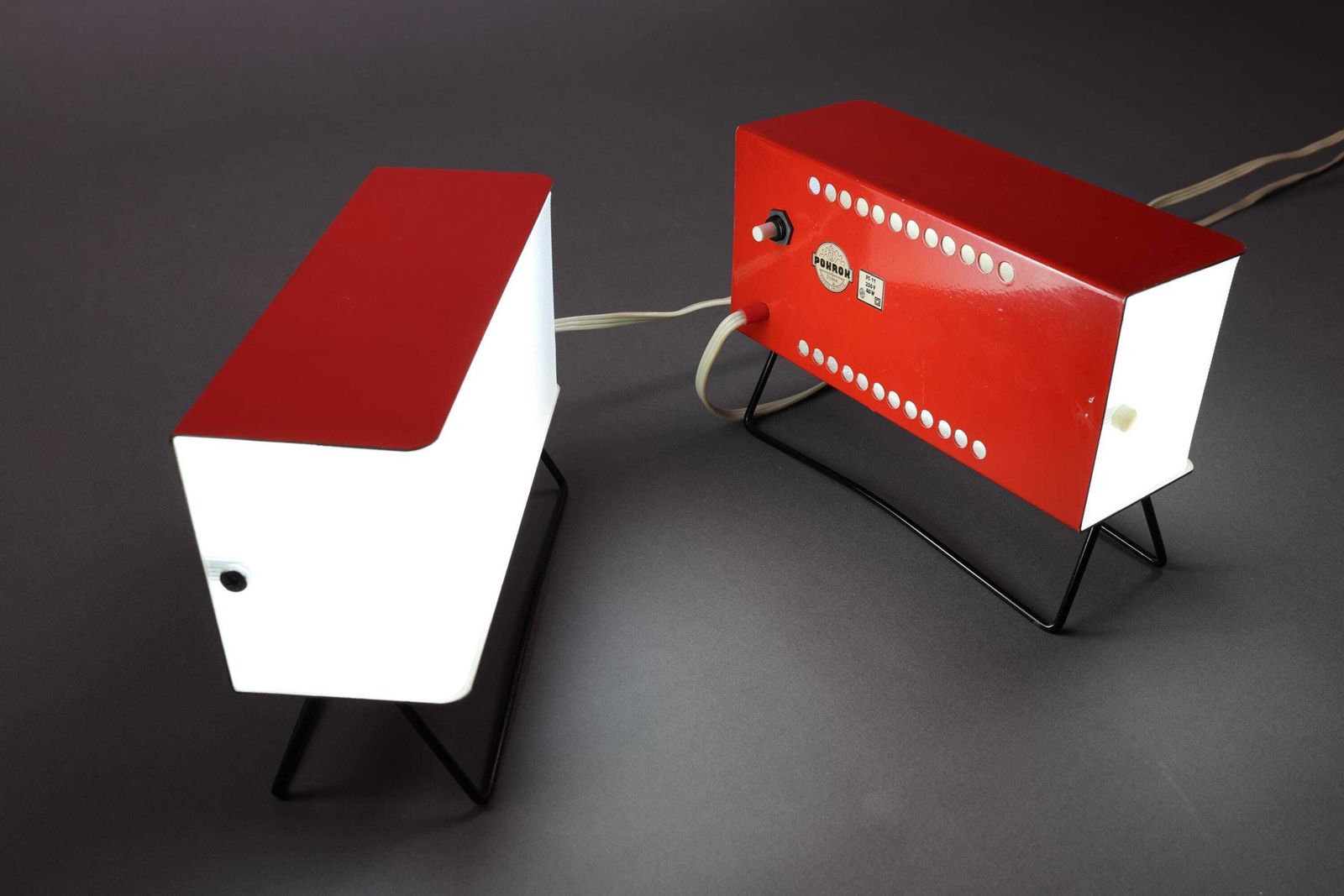 Vintage Red Pokrok žilina Table Lamps | Mid Century Modern Bedside Lighting | Retro Minimalist Accent Lamps Pair photo for sale