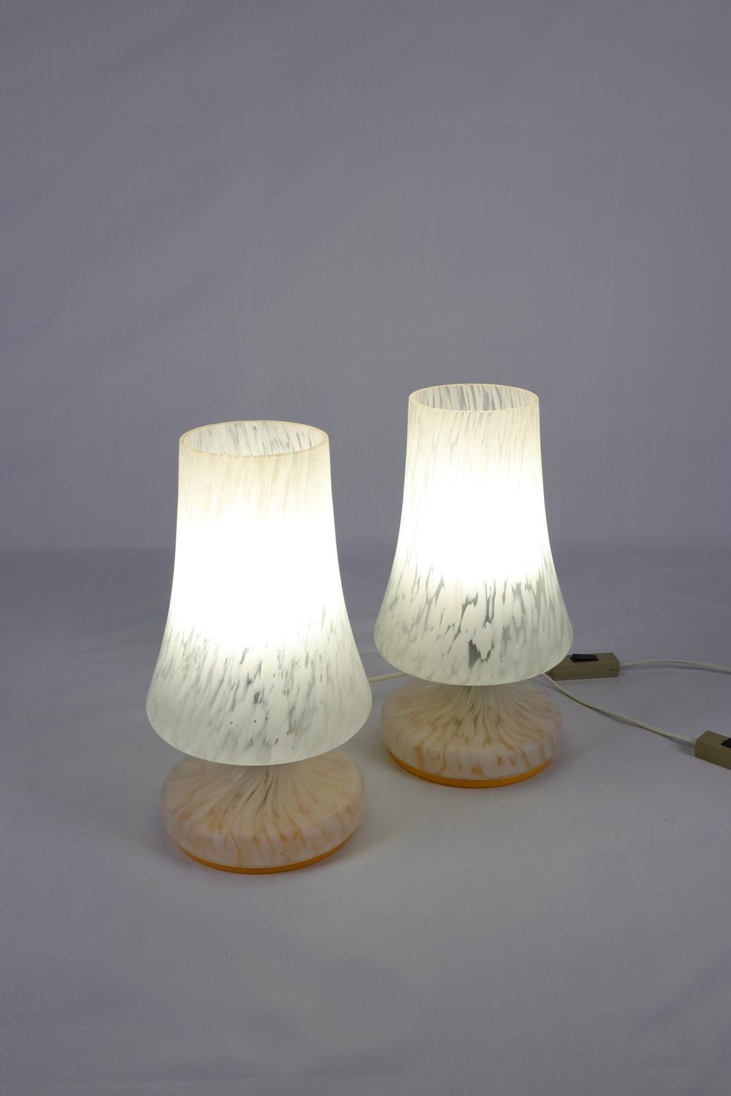 Pair Of Vintage 1970s Czech Glass Mushroom Table Lamps | Mid Century Modern Bedroom Decor | Bedside Light Set Nightstand Table Lamps photo for sale