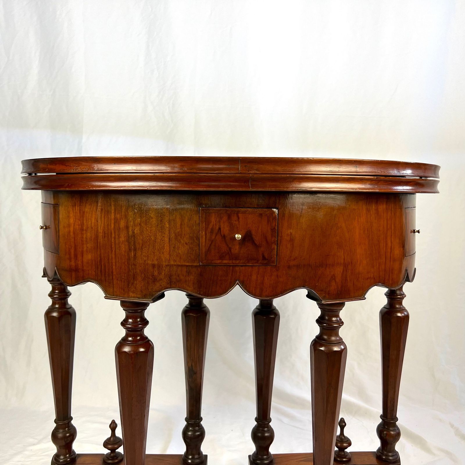 photo for sale Small Victorian Figured Walnut Demi Lune Card Table In The George I Manner
