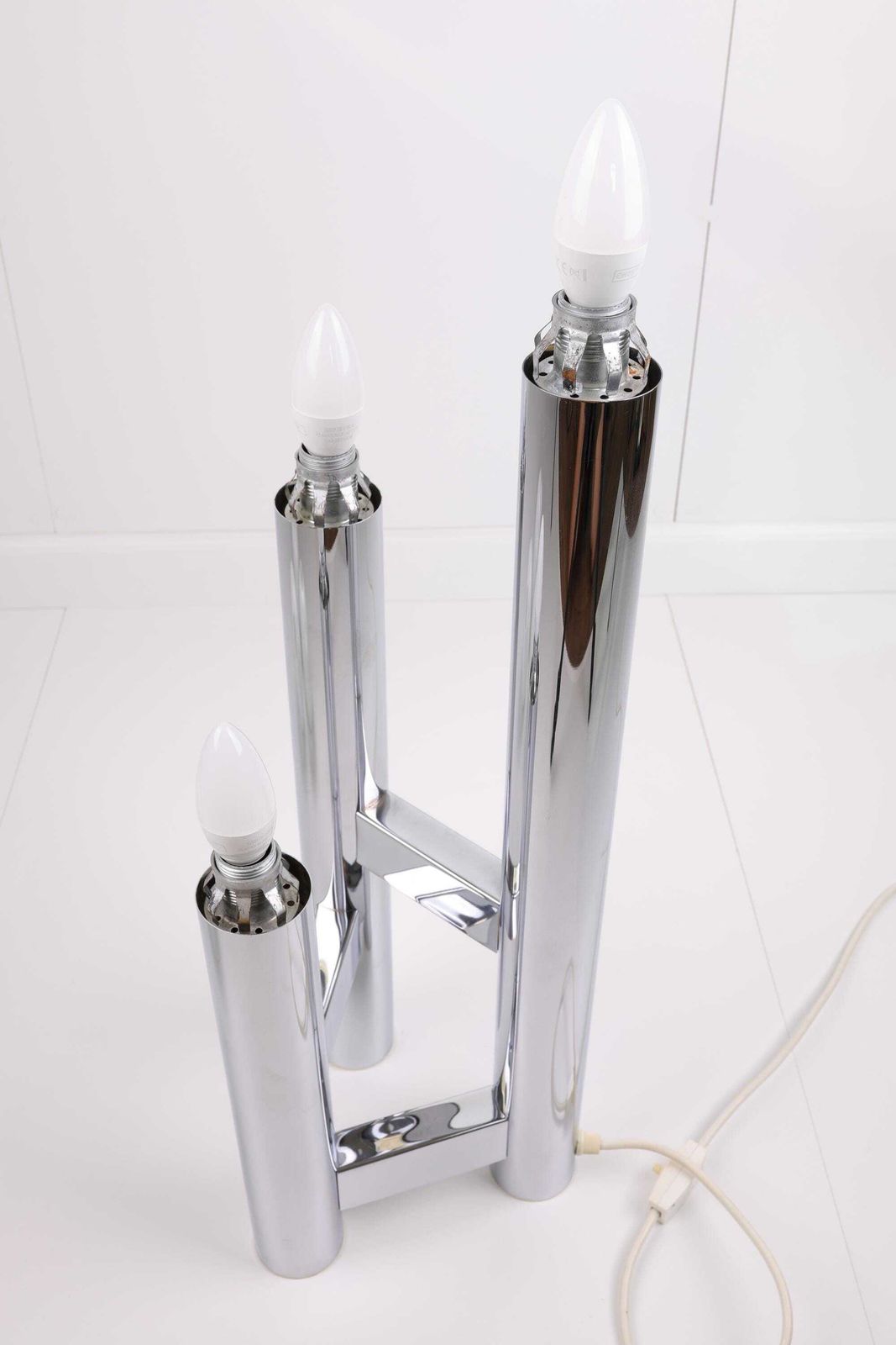 photo furniture Unique Vintage German Mid Century Modern Table Lamp | 1970s Space Age Chrome Desk Lamp | Retro Globe Lamp With Three Opal Glass Spheres