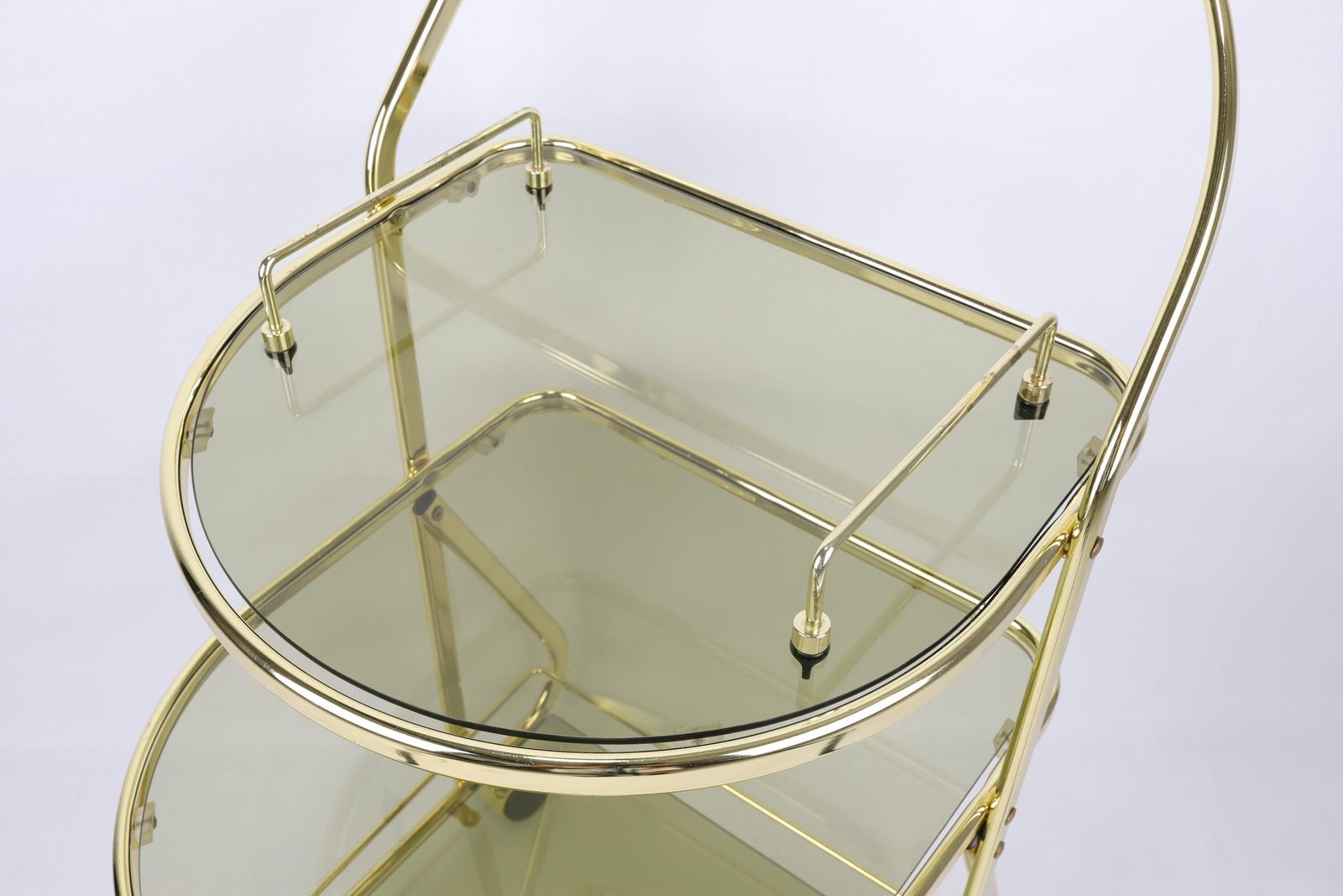 Gold Bar Cart | Mid Century Modern Serving Trolley | Three Tier Drinks Cart With Glass Shelves | Vintage Style Beverage Cart photo furniture