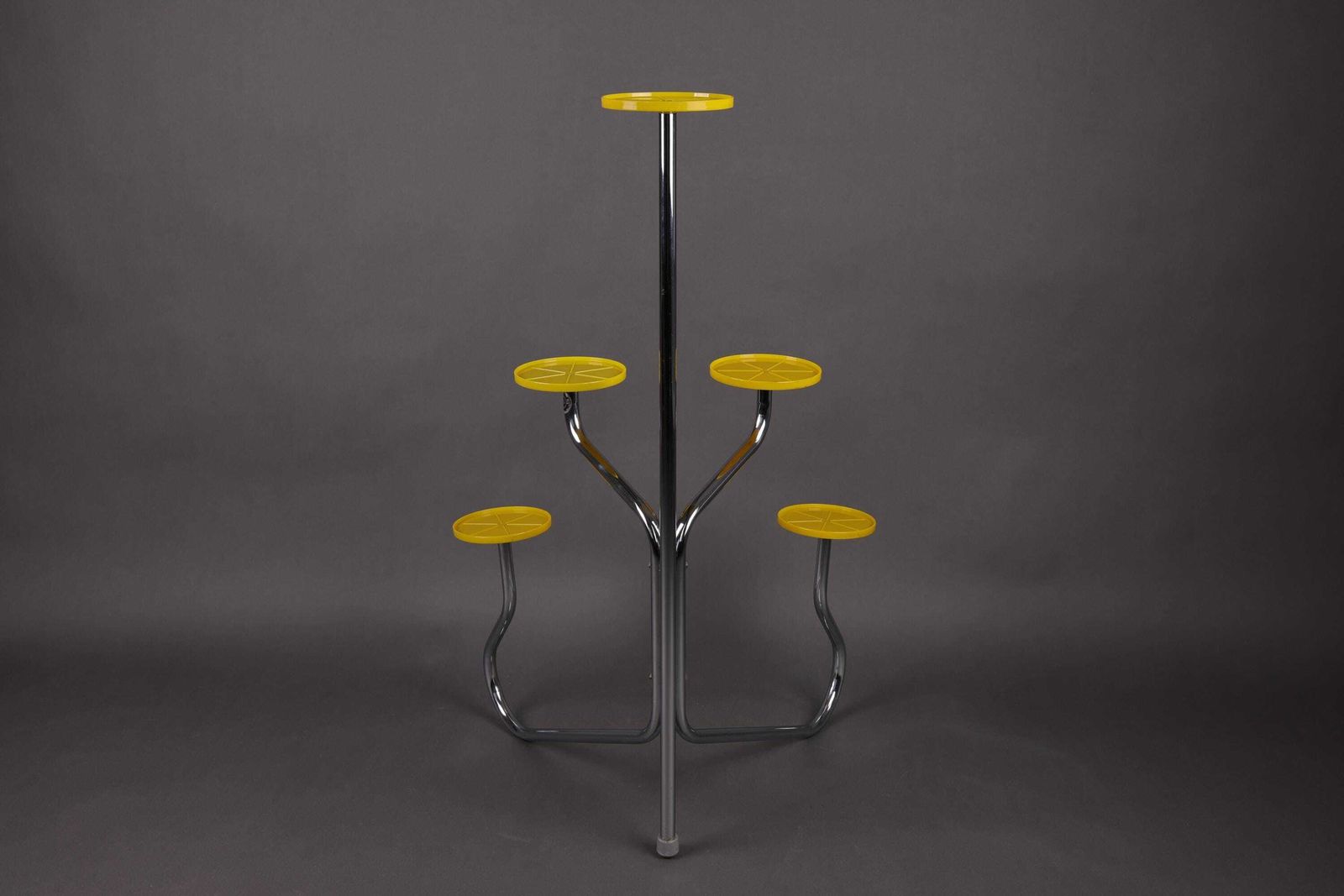 photo furniture 1960s Chrome Plant Stand | Yellow Vintage Flower Shelf | Mid Century Modern Plant Display