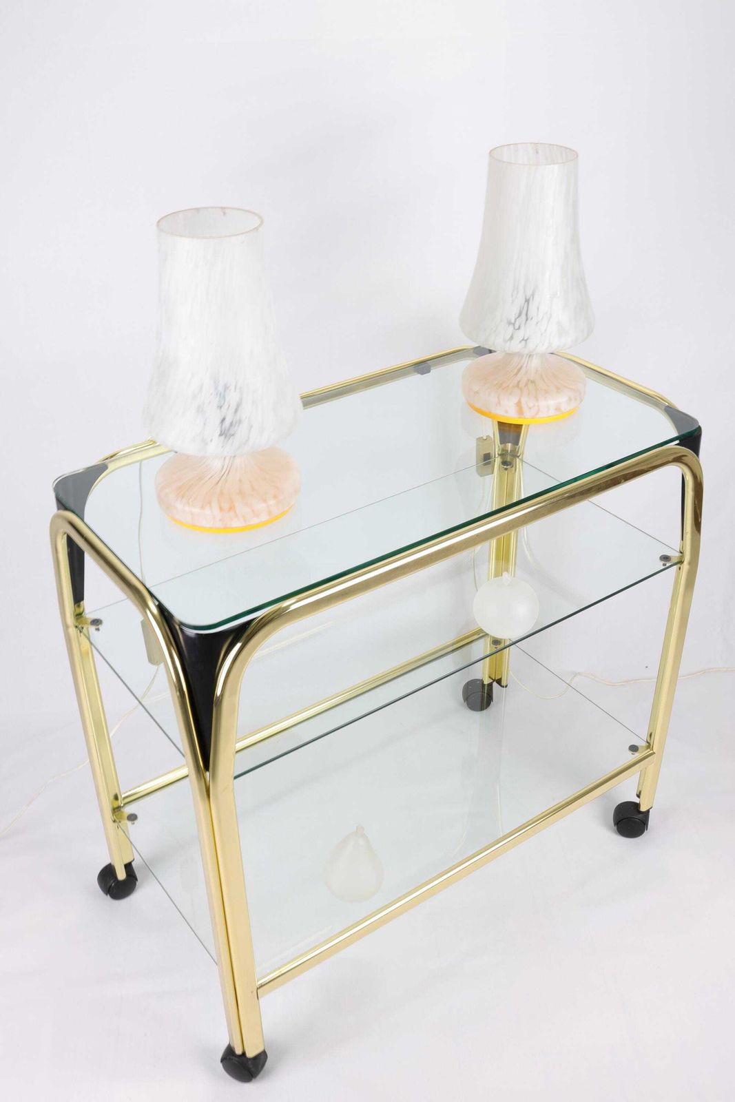 Vintage Brass And Glass Rolling Console Table | Mid Century Modern Table On Wheels | 3 Tier Retro Rolling Sofa Table For Living Room photo furniture