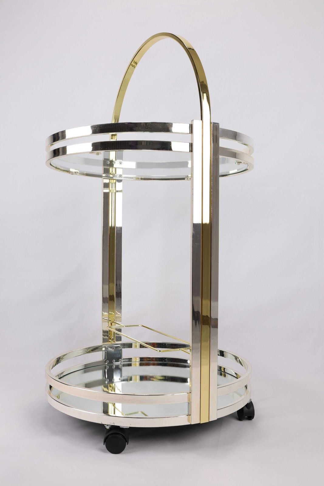 Vintage Mirrored Bar Cart | Art Deco Rolling Serving Cart | Brass And Glass Round Trolley | Mid Century Modern Beverage Cart With Wine Rack photo for sale