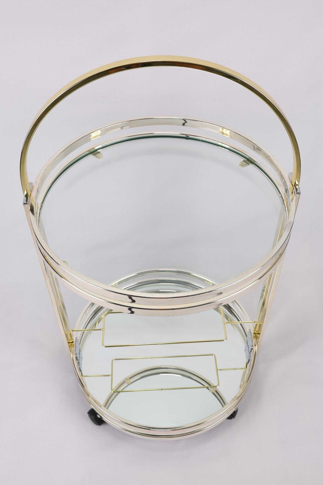 Vintage Mirrored Bar Cart | Art Deco Rolling Serving Cart | Brass And Glass Round Trolley | Mid Century Modern Beverage Cart With Wine Rack photo vinterior