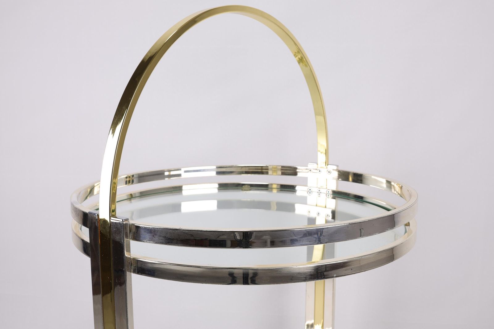 photo furniture Vintage Mirrored Bar Cart | Art Deco Rolling Serving Cart | Brass And Glass Round Trolley | Mid Century Modern Beverage Cart With Wine Rack