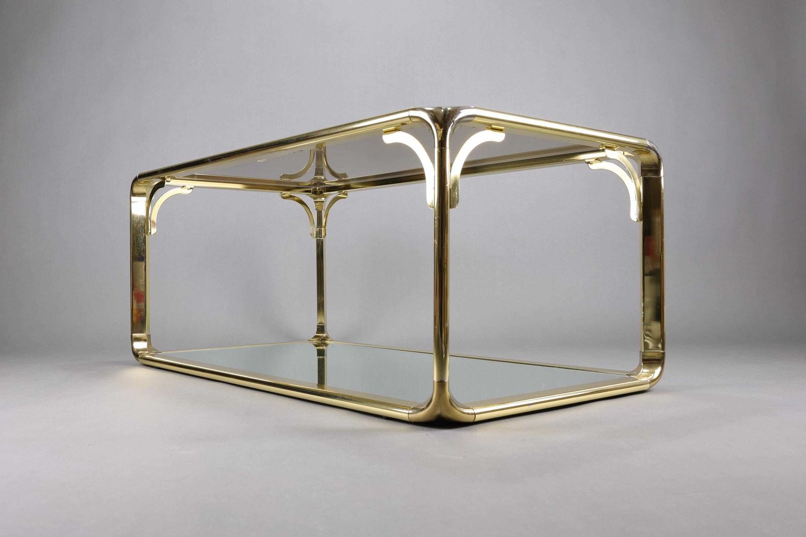 1970s Hollywood Regency Smoked Glass Coffee Table | Gold Accents Table | Glam Mid Century Modern Furniture photo 900.0