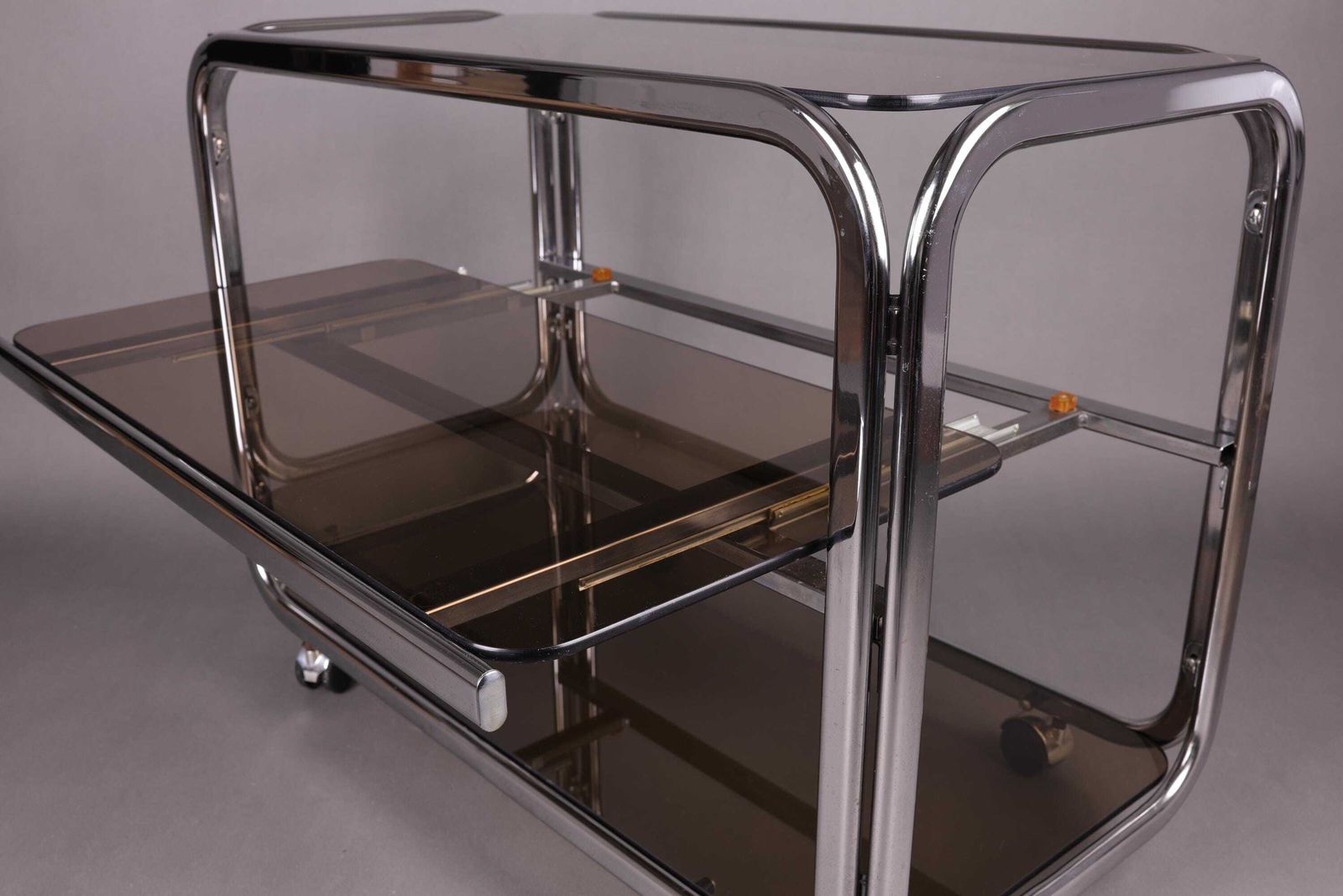 1970s Smoked Glass Side Table | Chrome Rolling Console | Vintage Mid Century Modern Trolley | Vintage Glam Accent Table For Living Room photo Furniture