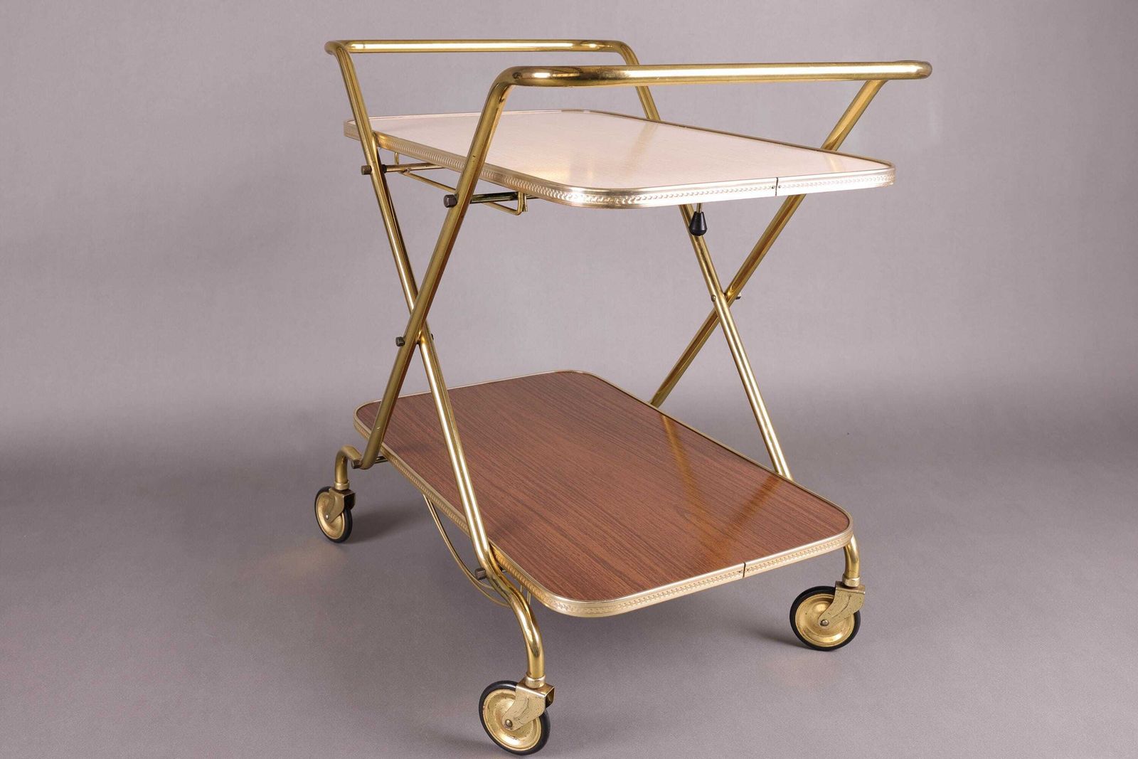 Vintage 1960s Bar Cart | Brass Finish & Wood | Mid Century Modern Drinks Trolley | Retro Tea Serving Cart | German Design photo vinterior