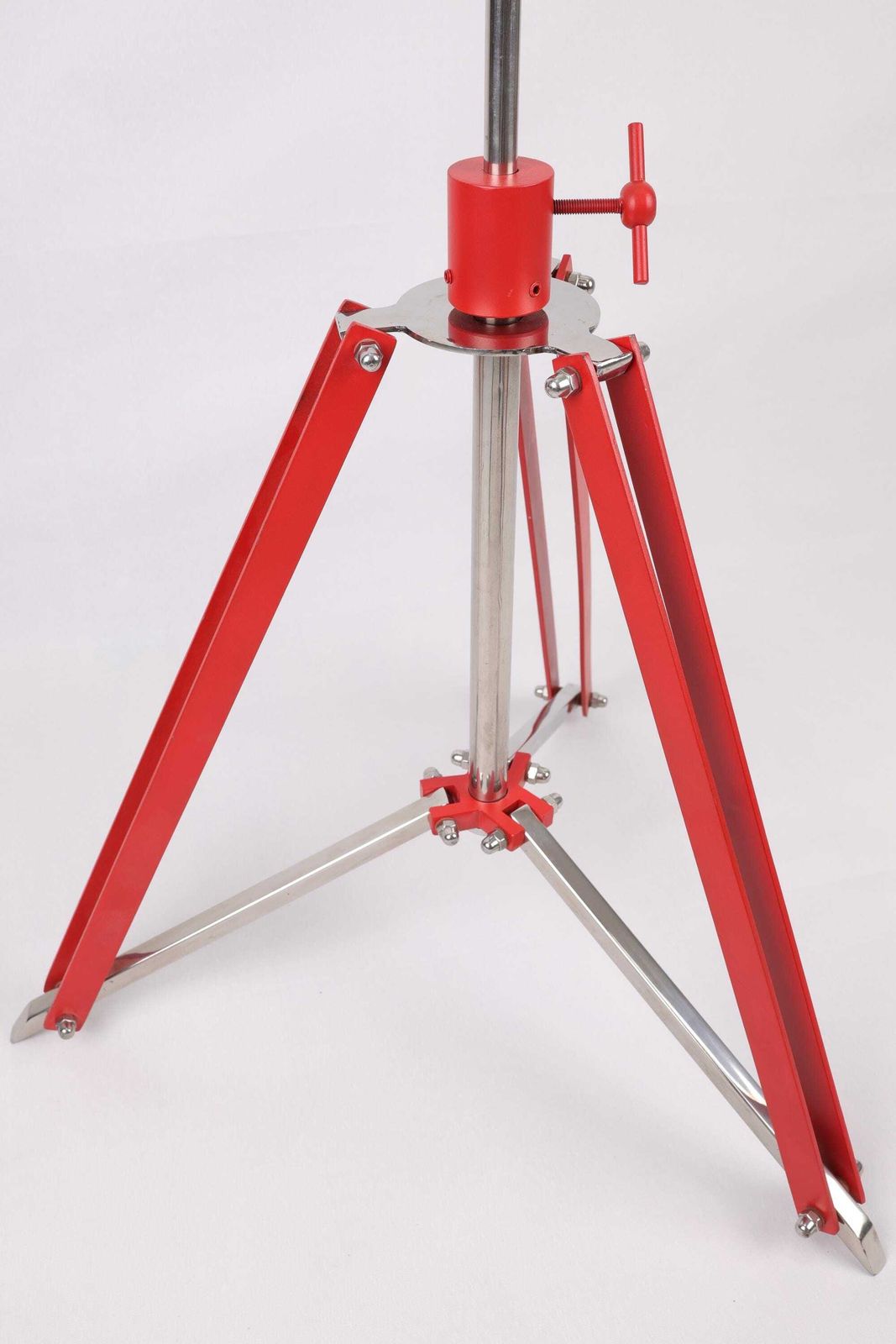 Vintage Adjustable Height Tripod Table | Modern Industrial Glass Side Table | Red Metal And Stainless Steel Base | Compact Foldable Design photo Furniture
