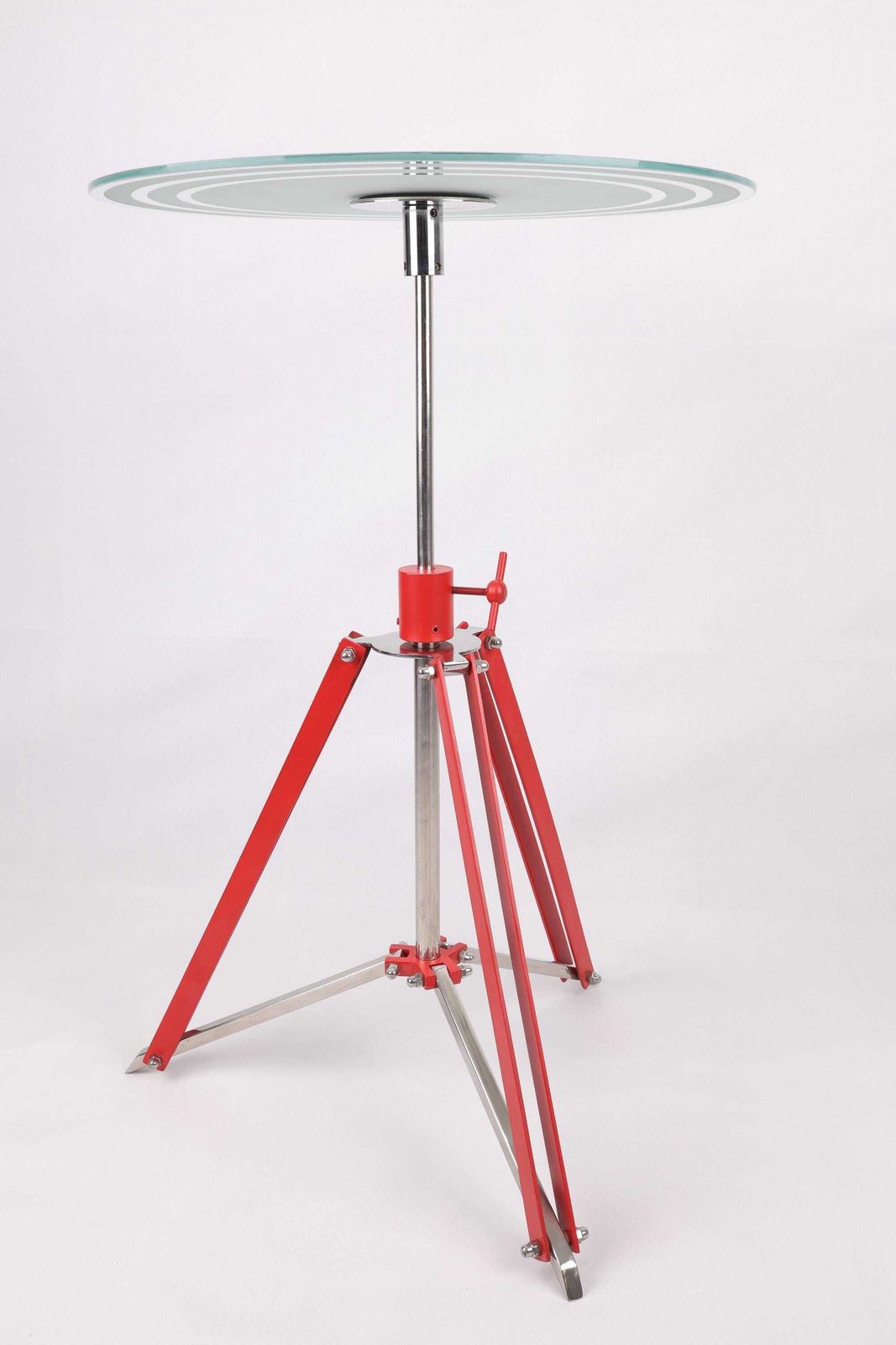 Vintage Adjustable Height Tripod Table | Modern Industrial Glass Side Table | Red Metal And Stainless Steel Base | Compact Foldable Design photo 484.0
