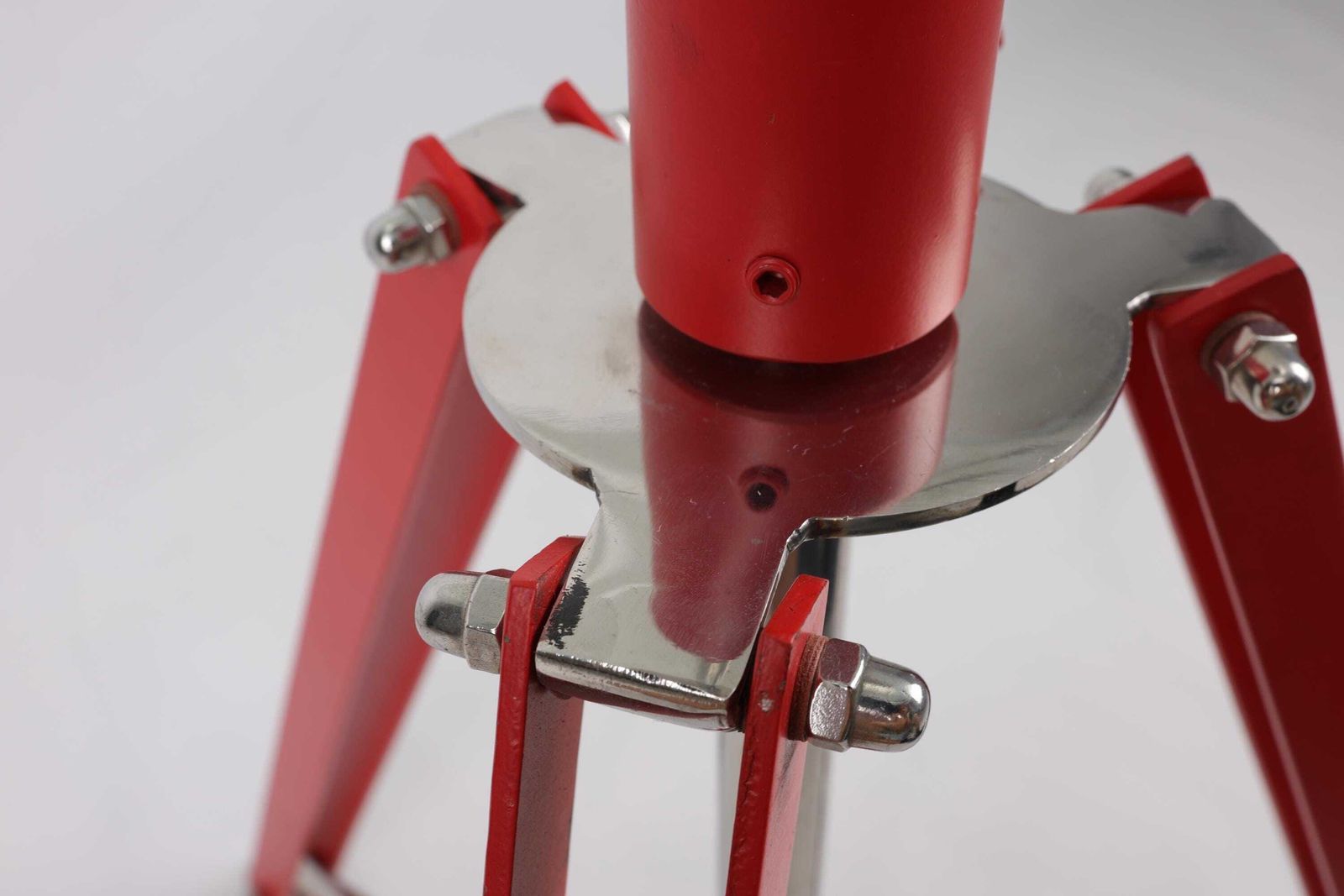 photo for sale Vintage Adjustable Height Tripod Table | Modern Industrial Glass Side Table | Red Metal And Stainless Steel Base | Compact Foldable Design
