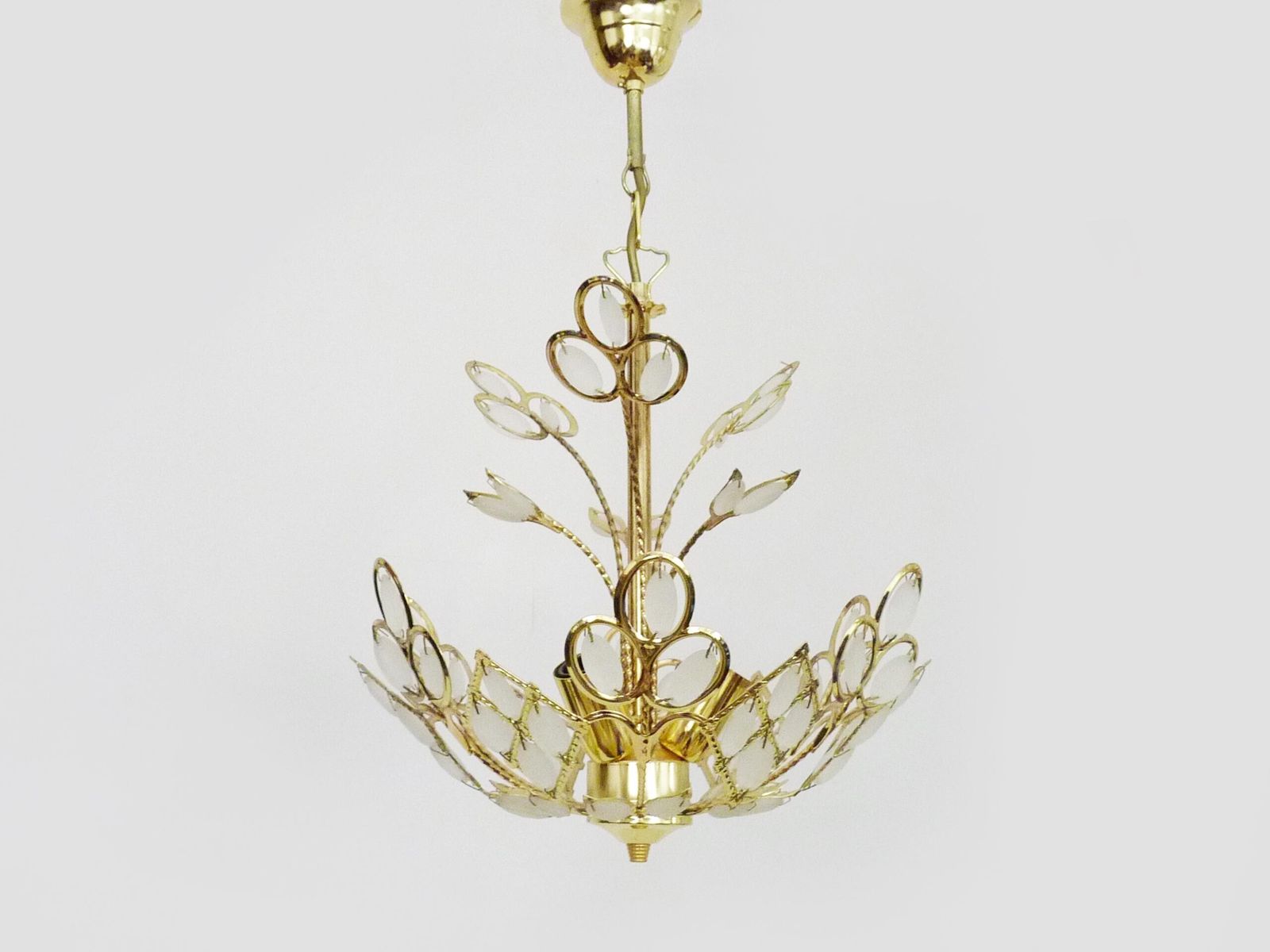 Antique 3 Light Floral Pendant Light In Gilded Metal With Glass Pendants. 1980s photo for sale