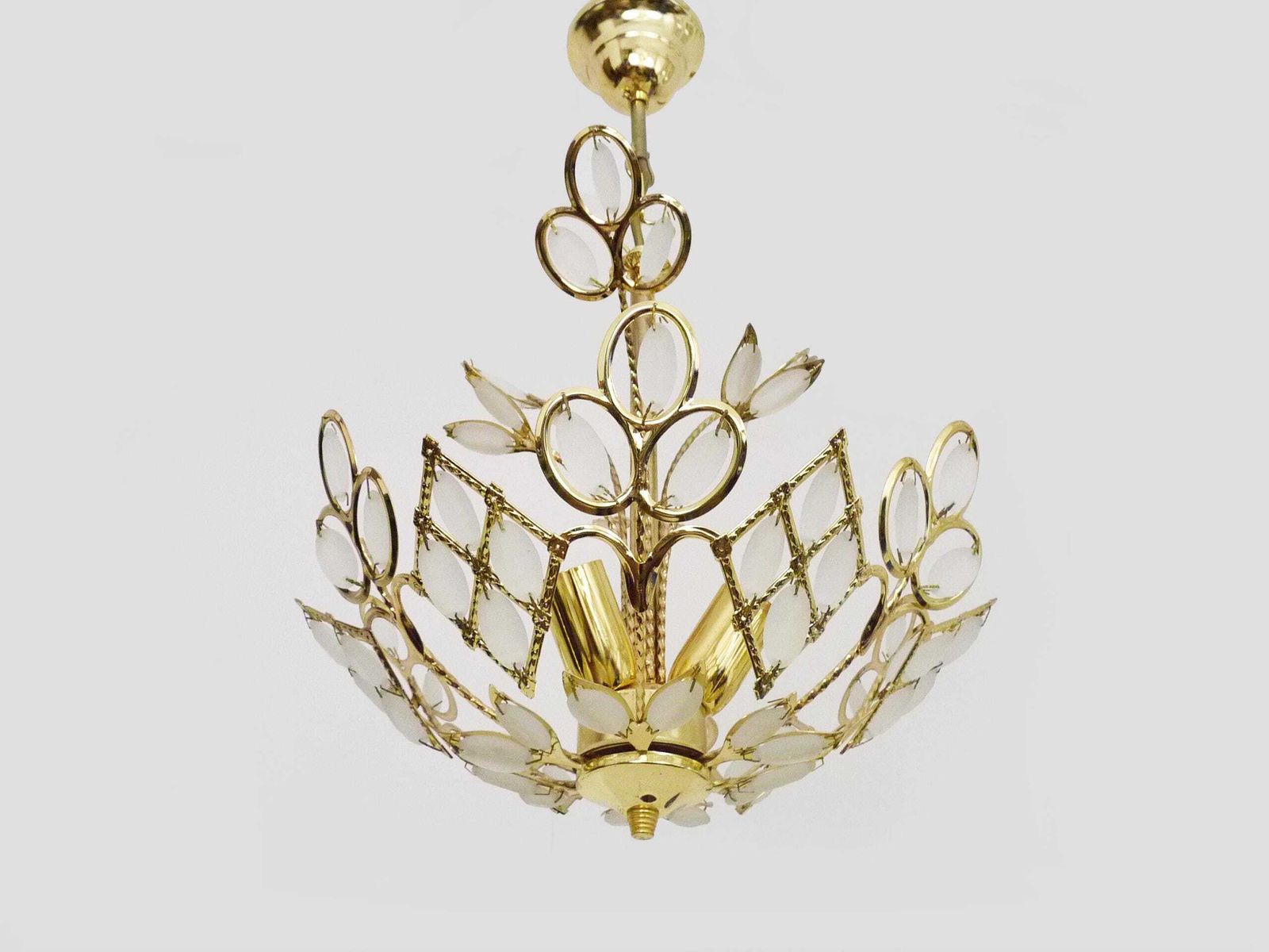 Antique 3 Light Floral Pendant Light In Gilded Metal With Glass Pendants. 1980s photo 262.0